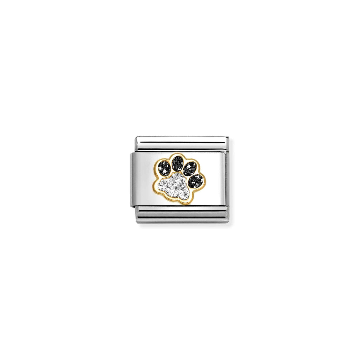 NOMINATION Composable Classic Link 030220/22 Paw Print in 18ct Gold, Black & Silver Glitter Enamel