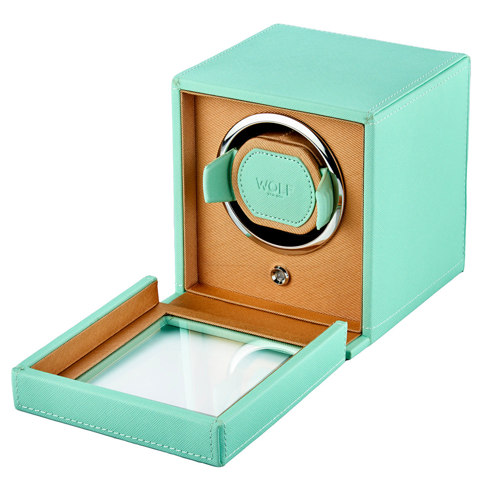 WOLF Cub Seltzer Single Watch Winder with Cover Mint/Peach