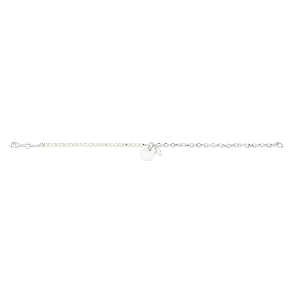 Silver cable link and freshwater pearl bracelet with engravable round disc