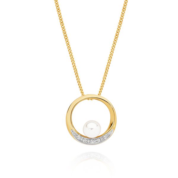 9ct Yellow Gold Freshwater Pearl and Diamond Circle Pendant