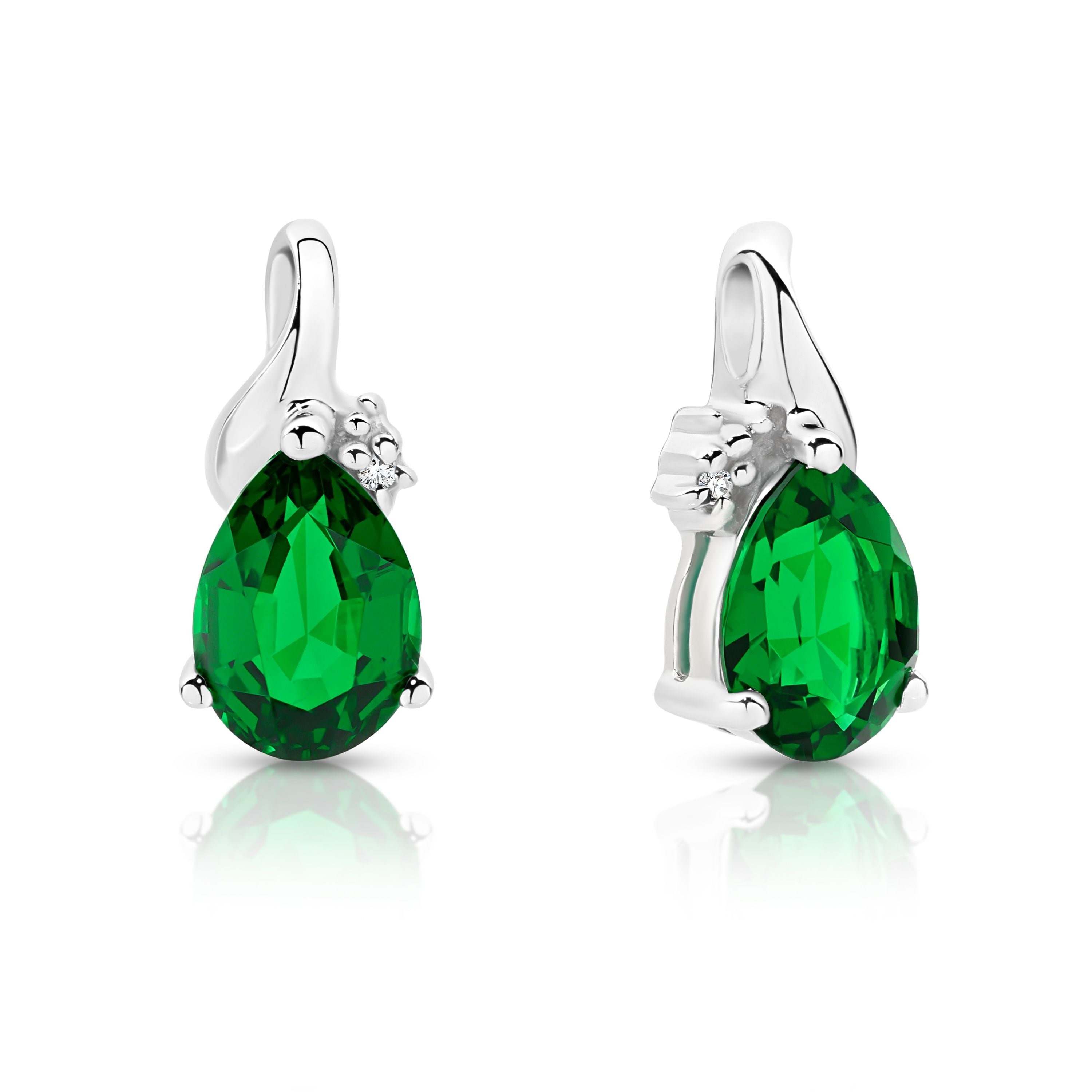 Silver Created Emerald and Diamond Studs