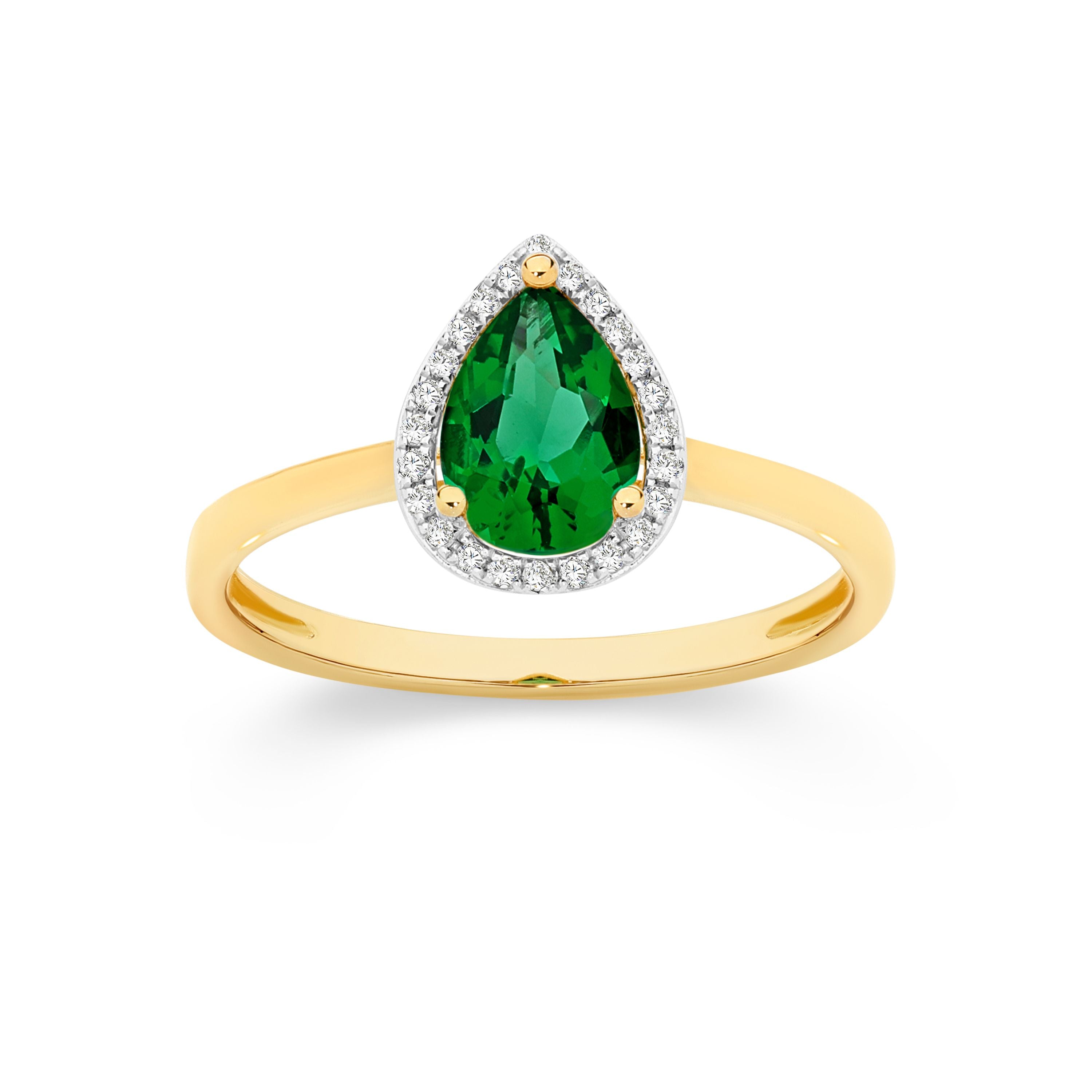 9ct Yellow Gold Created Emerald and Diamond Pear Cut Halo Ring