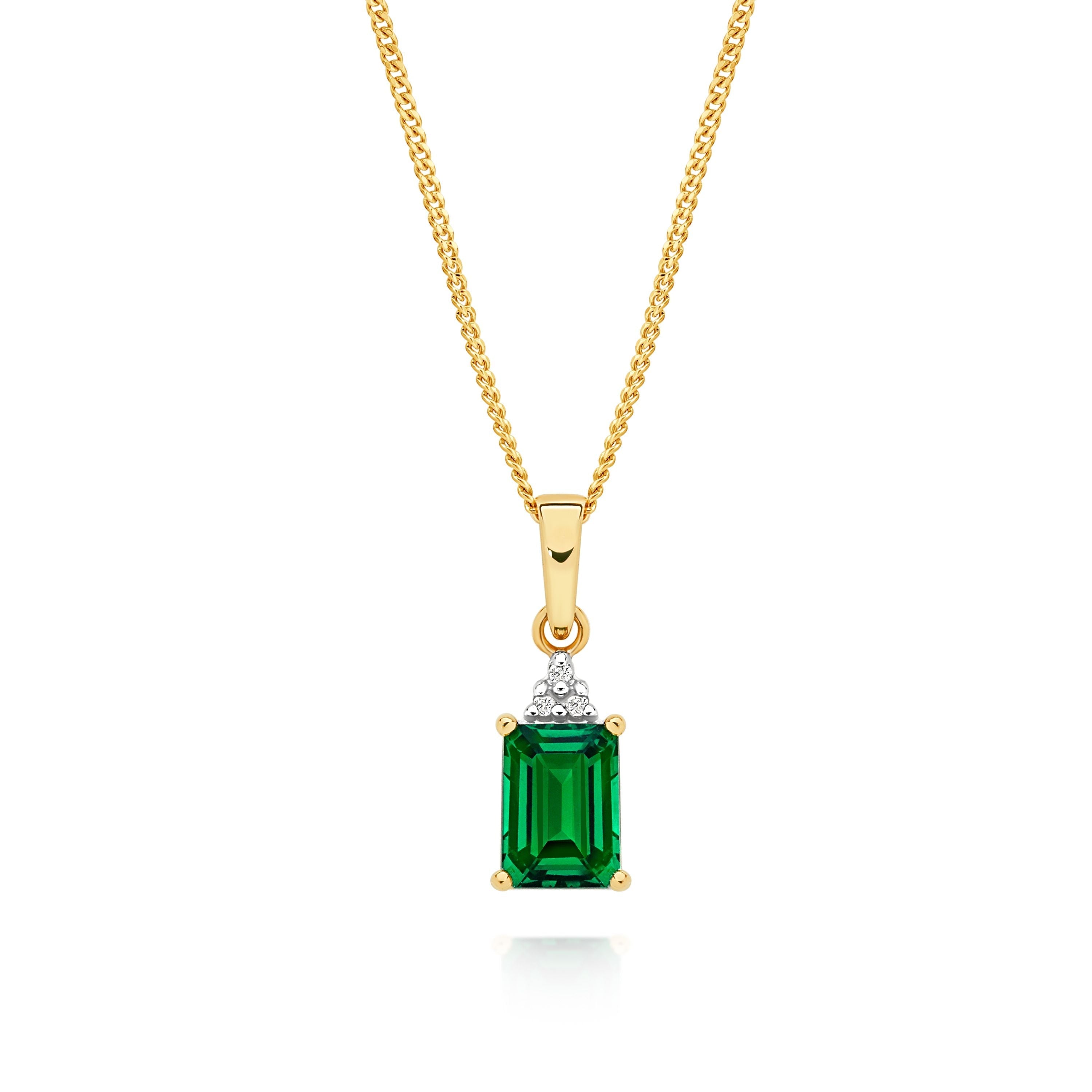 9ct Yellow Gold Created Emerald and Diamond Pendant