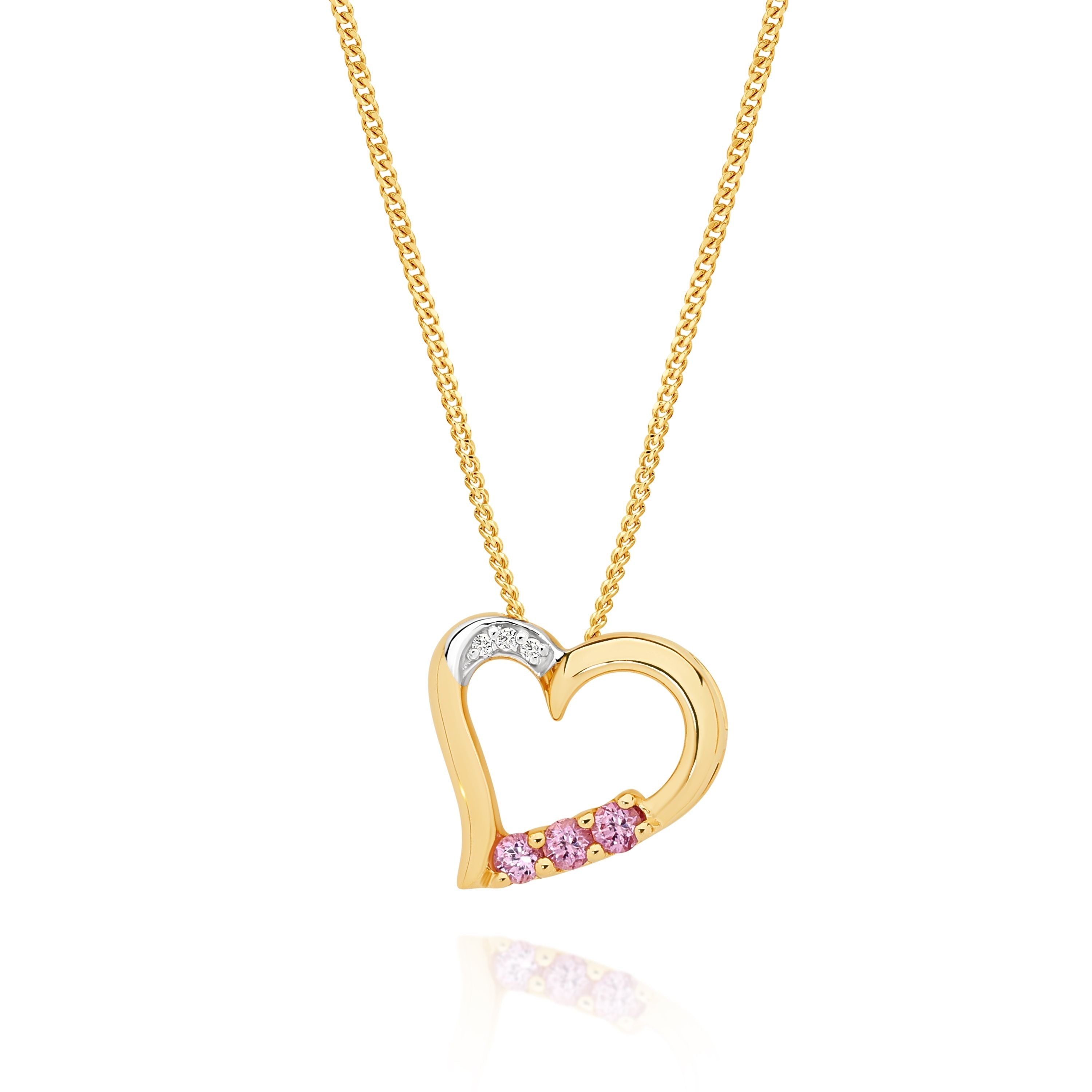 9ct Yellow Gold Created Pink Sapphire Open Heart Pendant