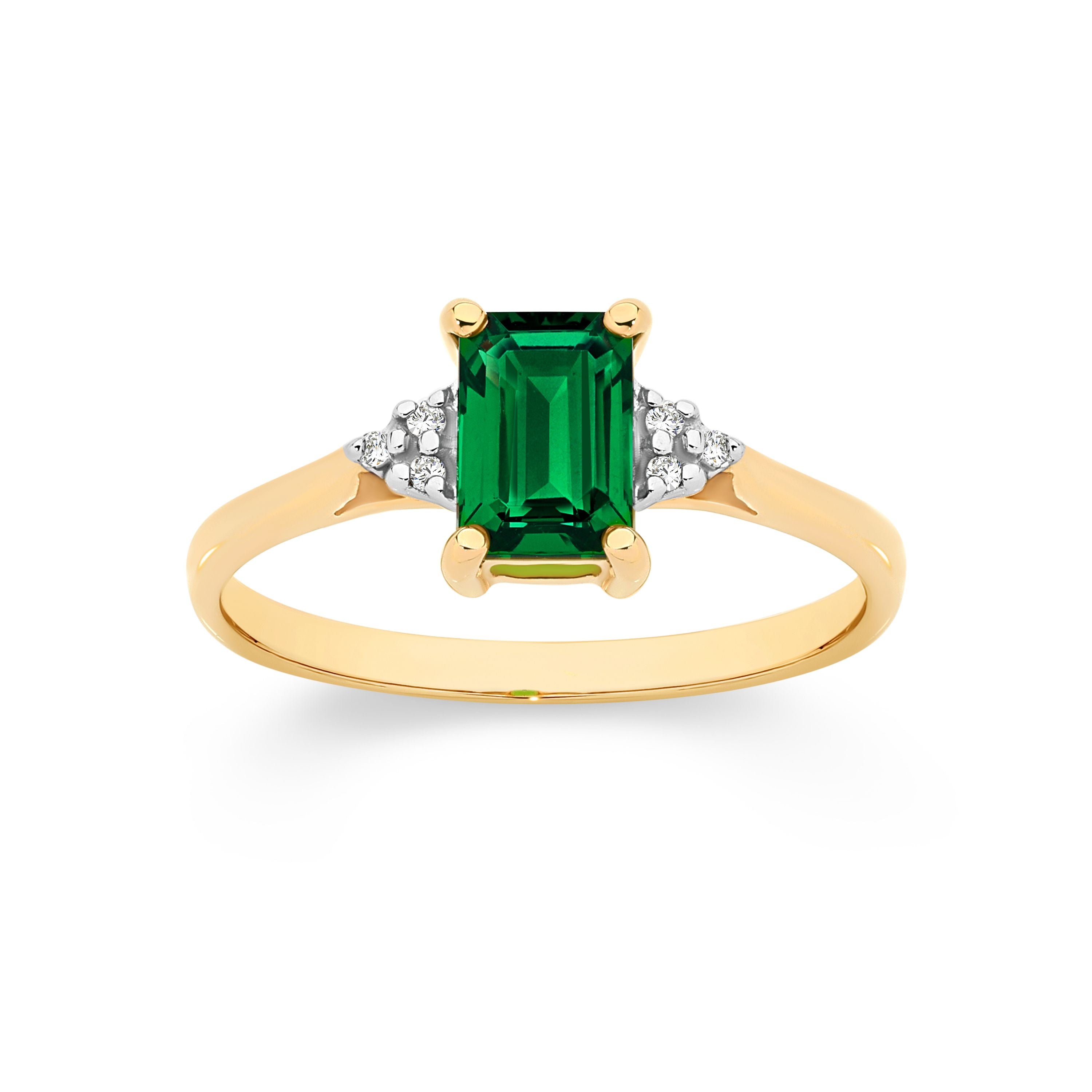 9ct Yellow Gold Created Emerald Ring with Diamonds