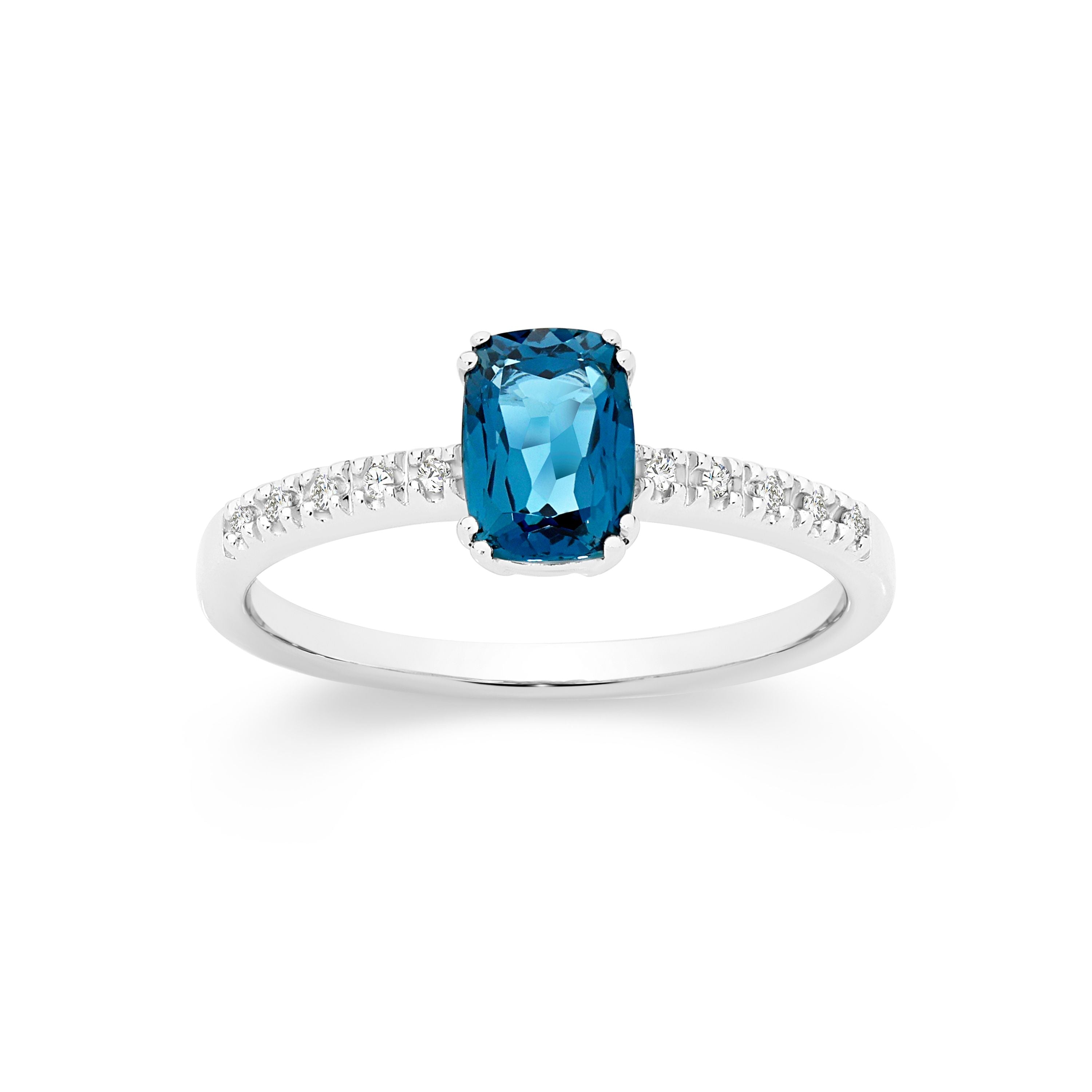 9ct White Gold Double Claw London Blue Topaz and Diamond Ring