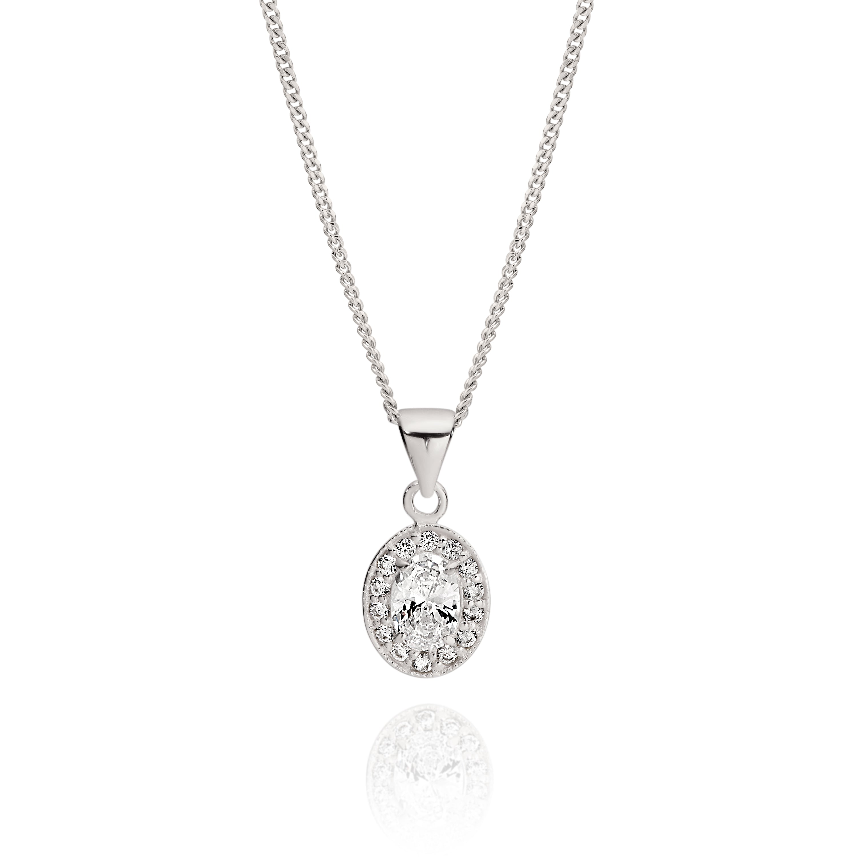 Silver cubic zirconia oval halo pendant