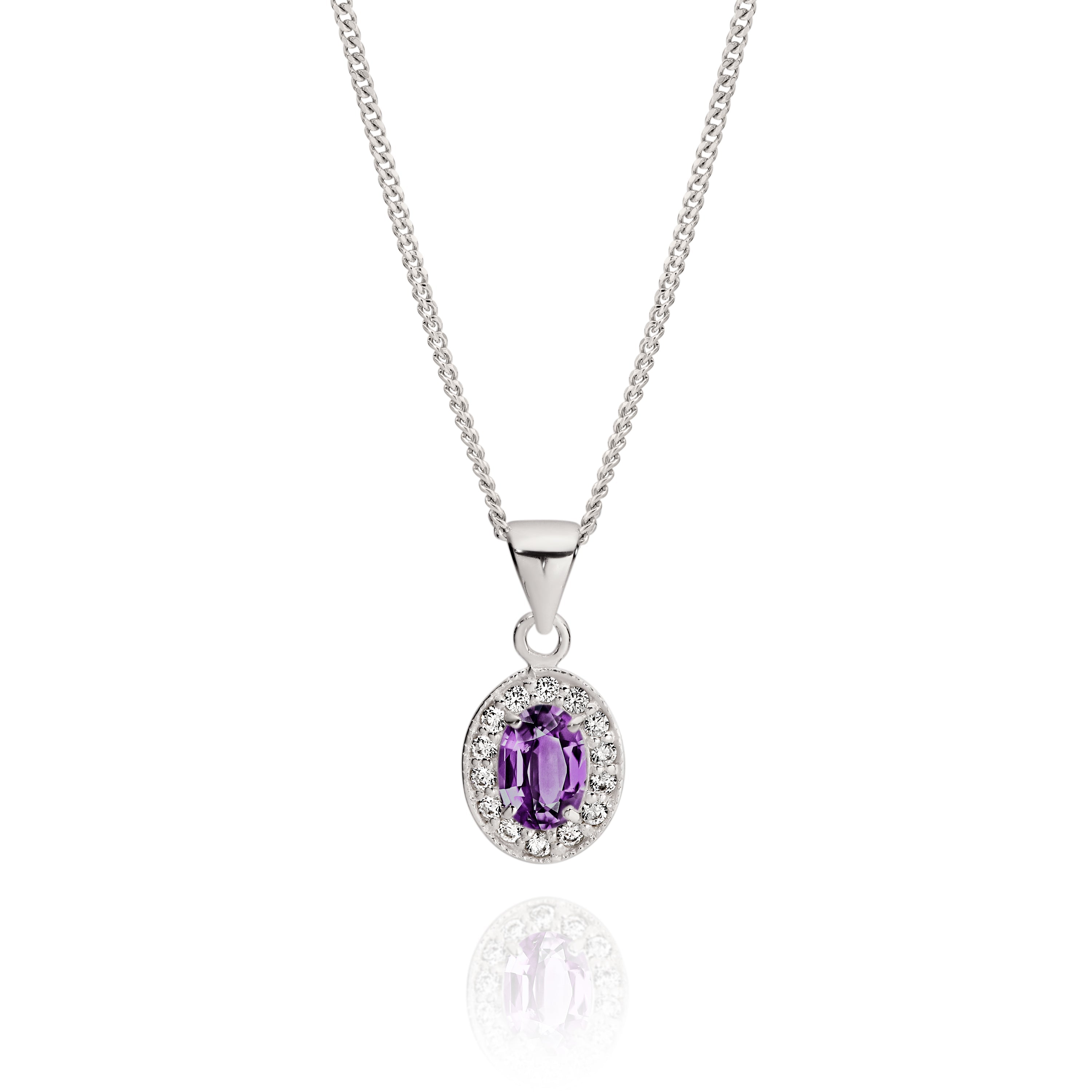 Silver purple cubic zirconia oval halo pendant