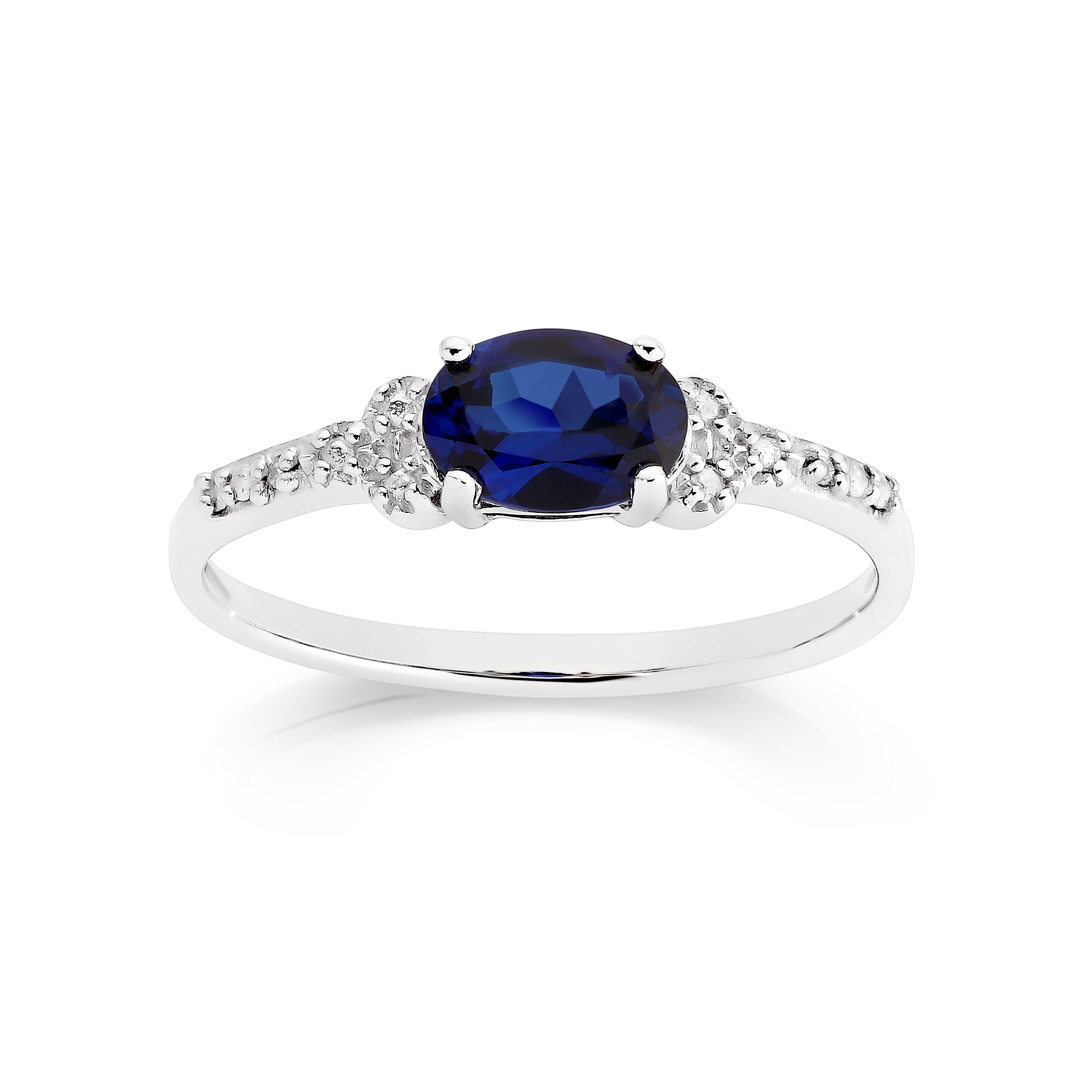 Silver created sapphire & diamond ring