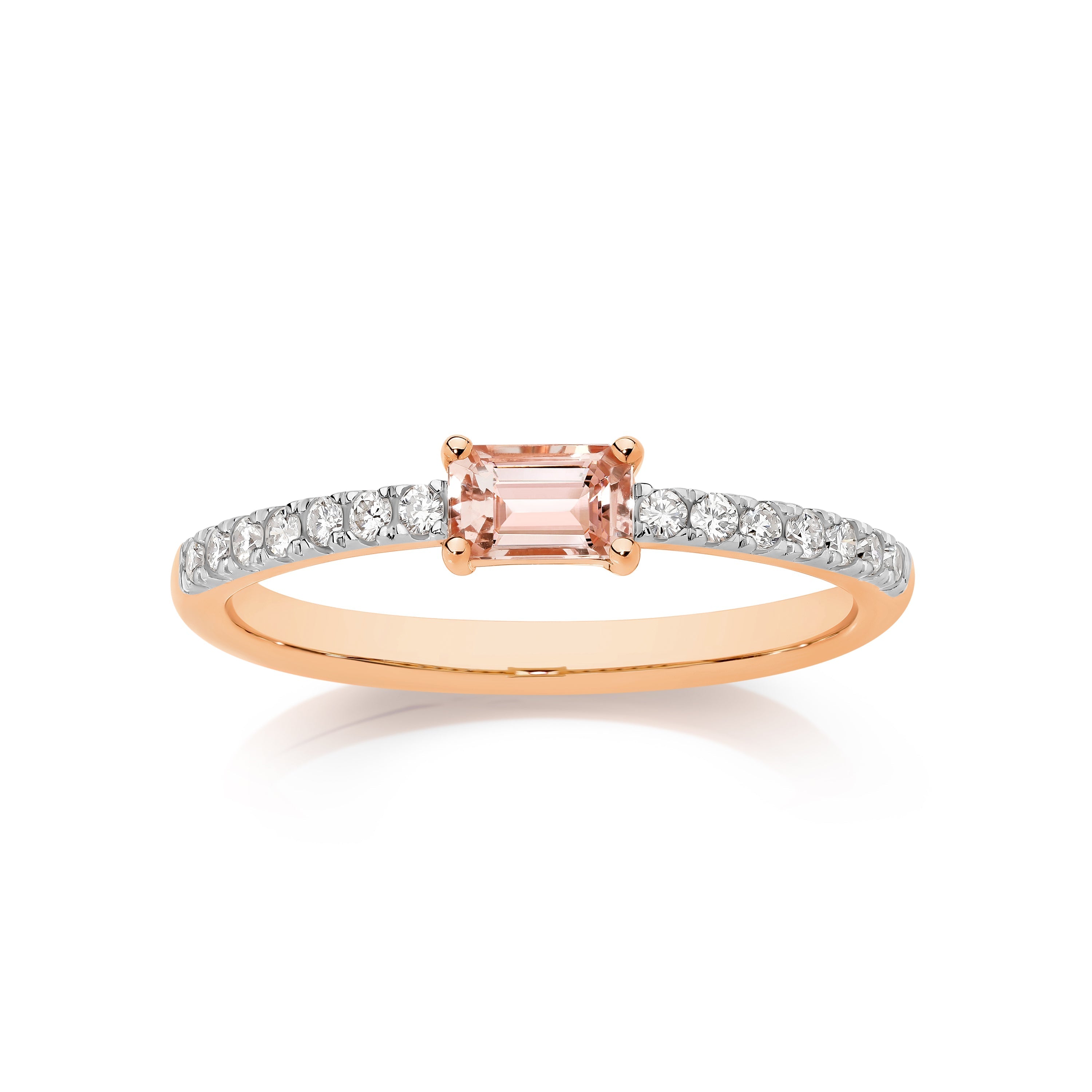 9ct Rose Gold Emerald Cut Morganite and Diamond Ring