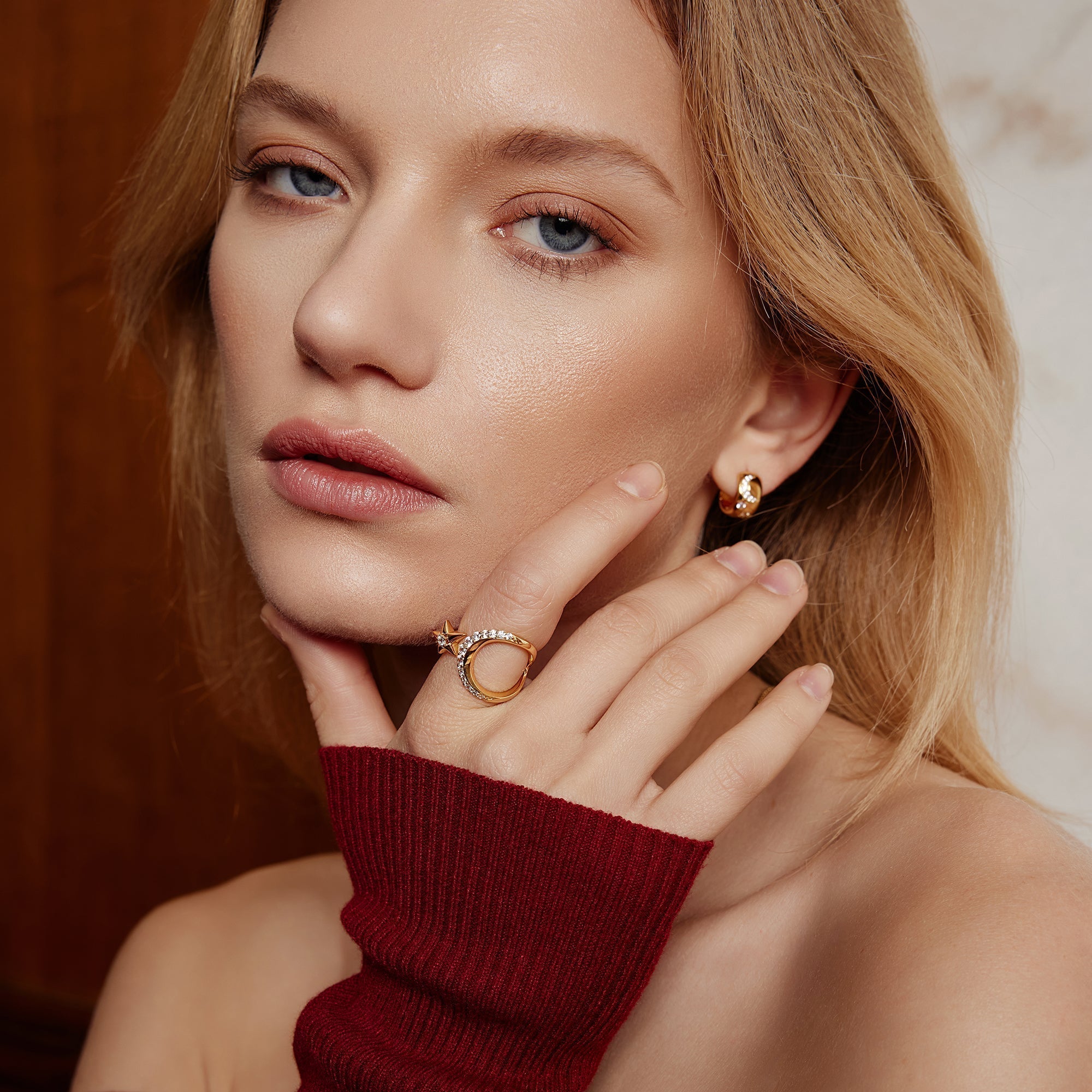 Gold Sparkling Moon and Star Adjustable Ring