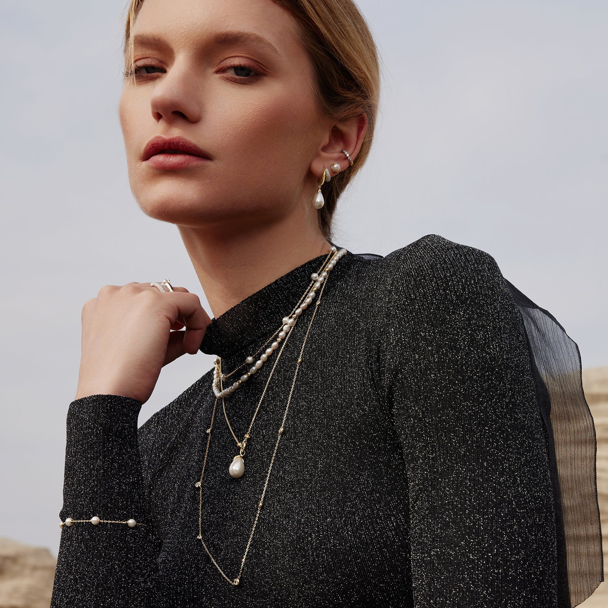 Gold Sparkling Duet Mixed Shell Pearl Drop Huggie Hoop Earrings