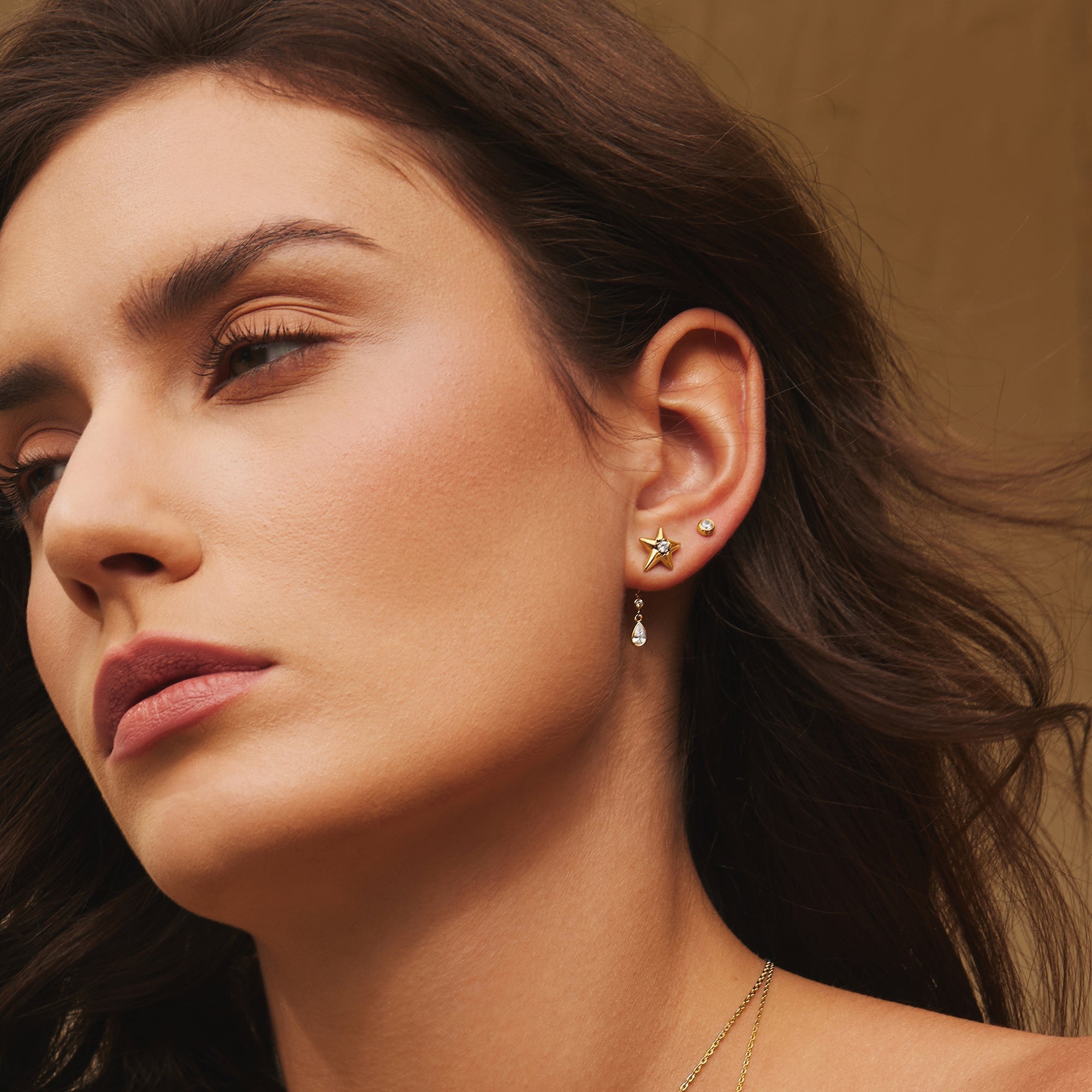 Gold Sparkling Star Drop Stud Earrings