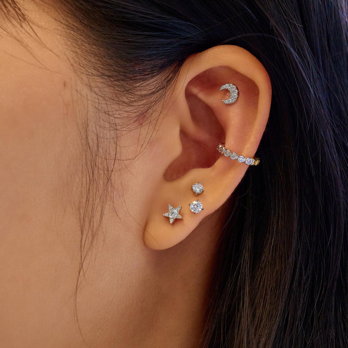 Ania Haie Silver Pave Crescent Moon Barbell Single Earring