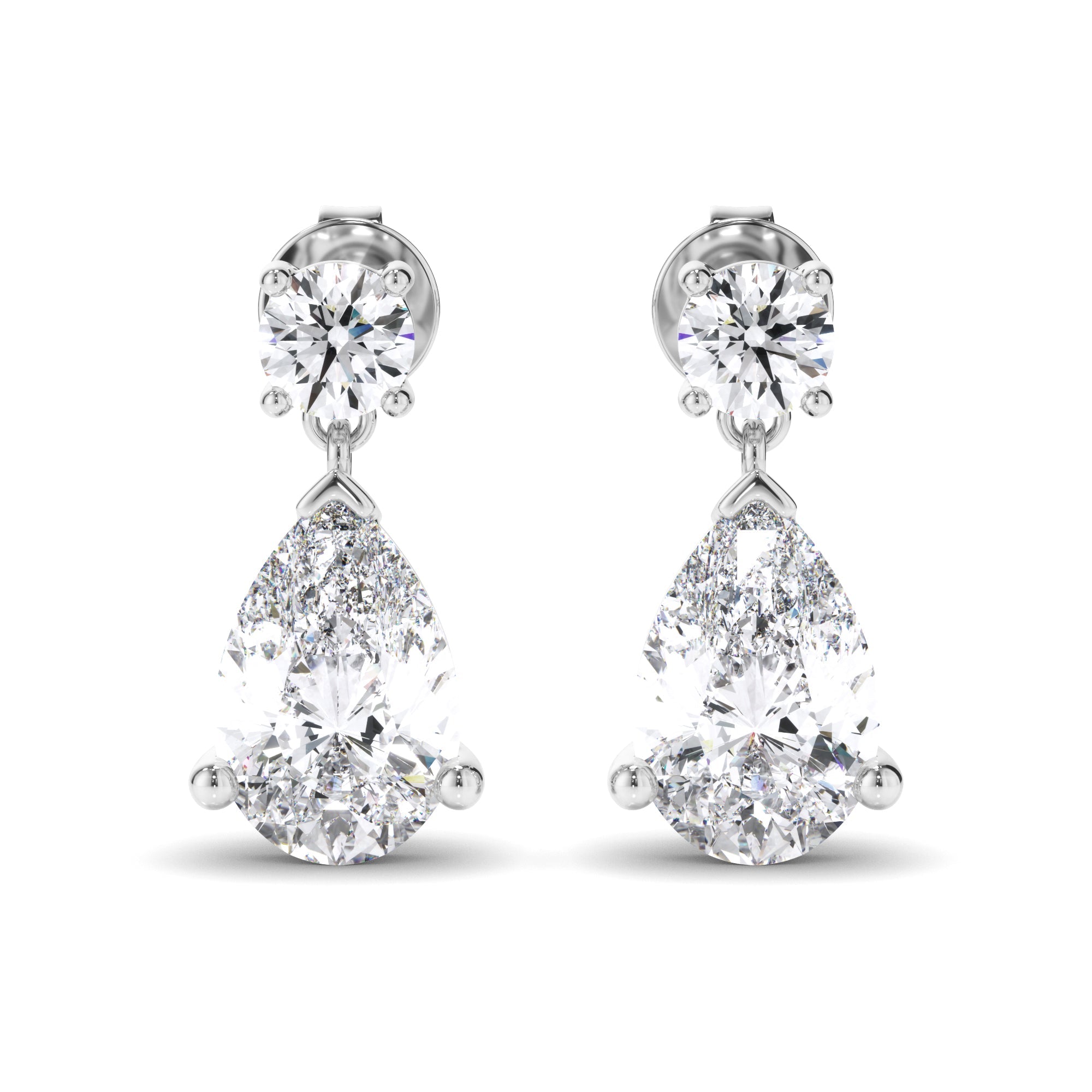 Pear & Round Brilliant Cut Diamond Drop Stud Earrings