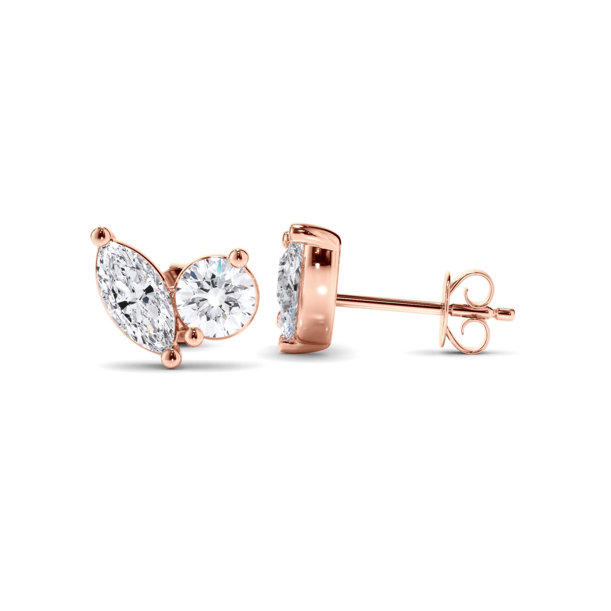Pear & Round Brilliant Cut Diamond Toi et Moi Stud Earrings