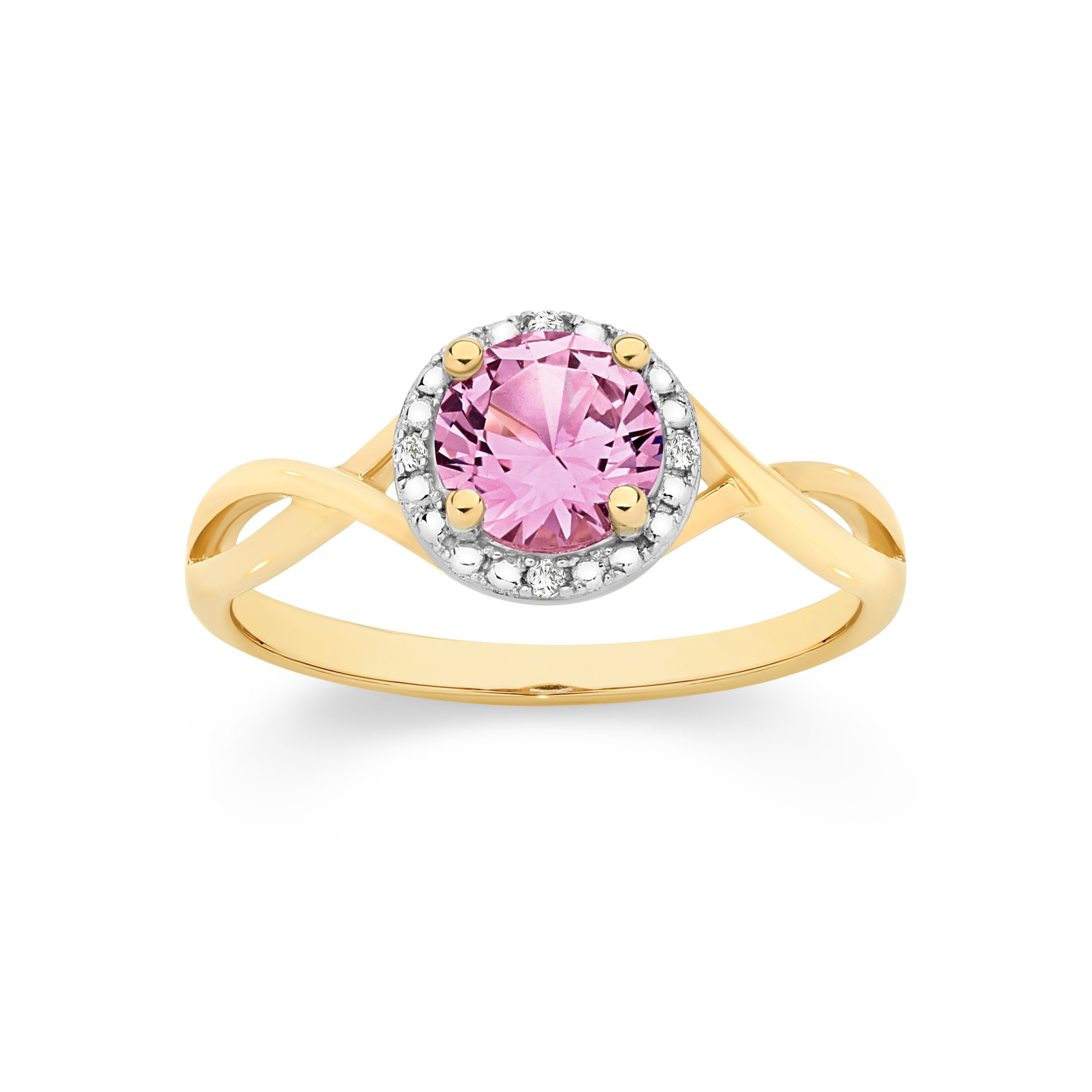 9ct Yellow Gold Created Pink Sapphire Diamond Halo Ring