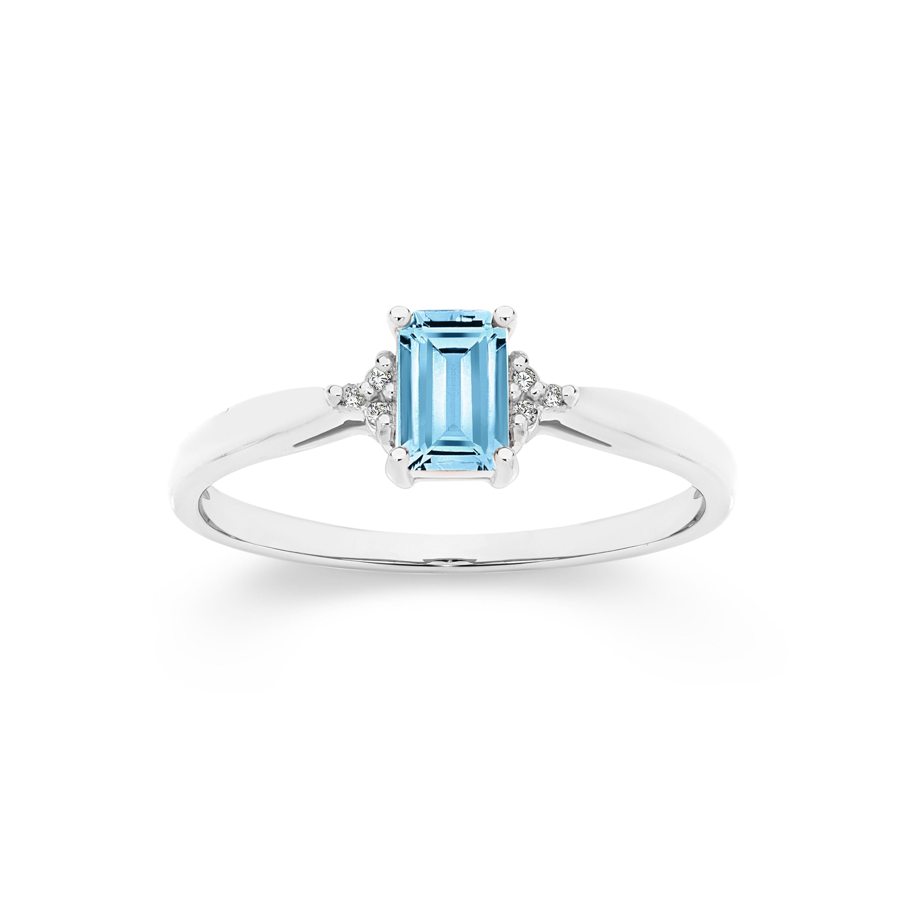 9ct White Gold Emerald Cut Blue Topaz Ring with Diamonds