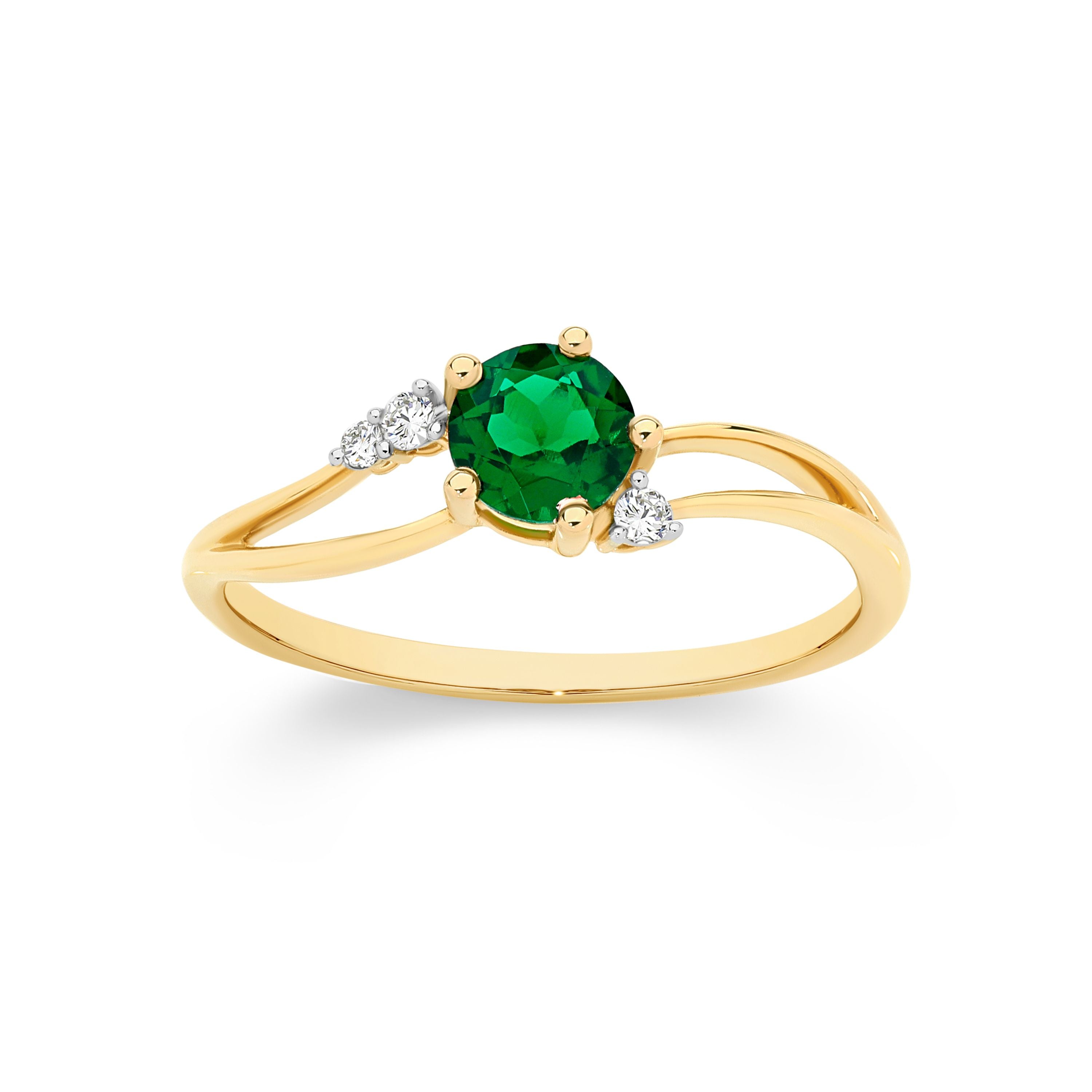 9ct Yellow Gold Created Emerald Ring with Split Shoulders