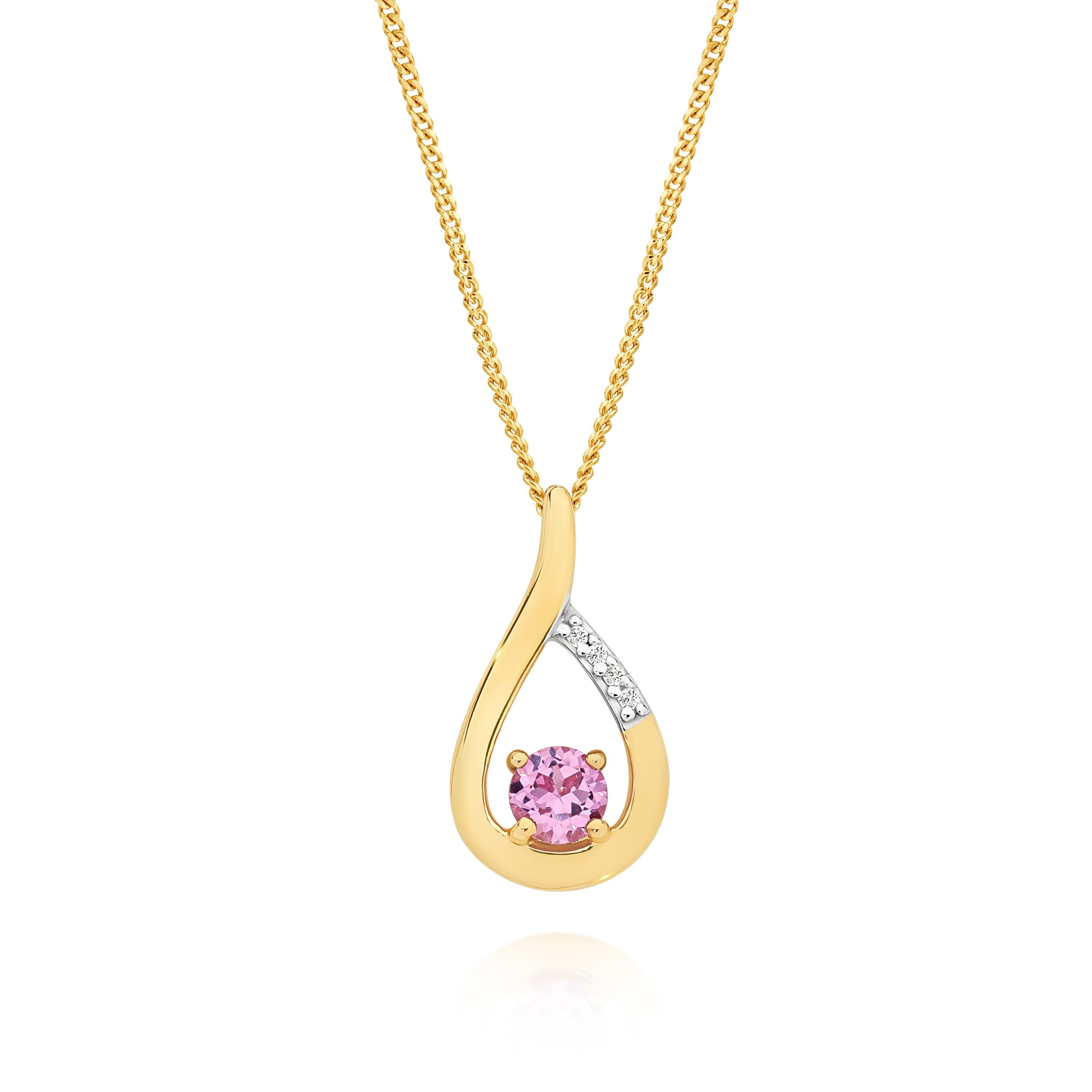 9ct Yellow Gold Created Pink Sapphire and Diamond Pendant