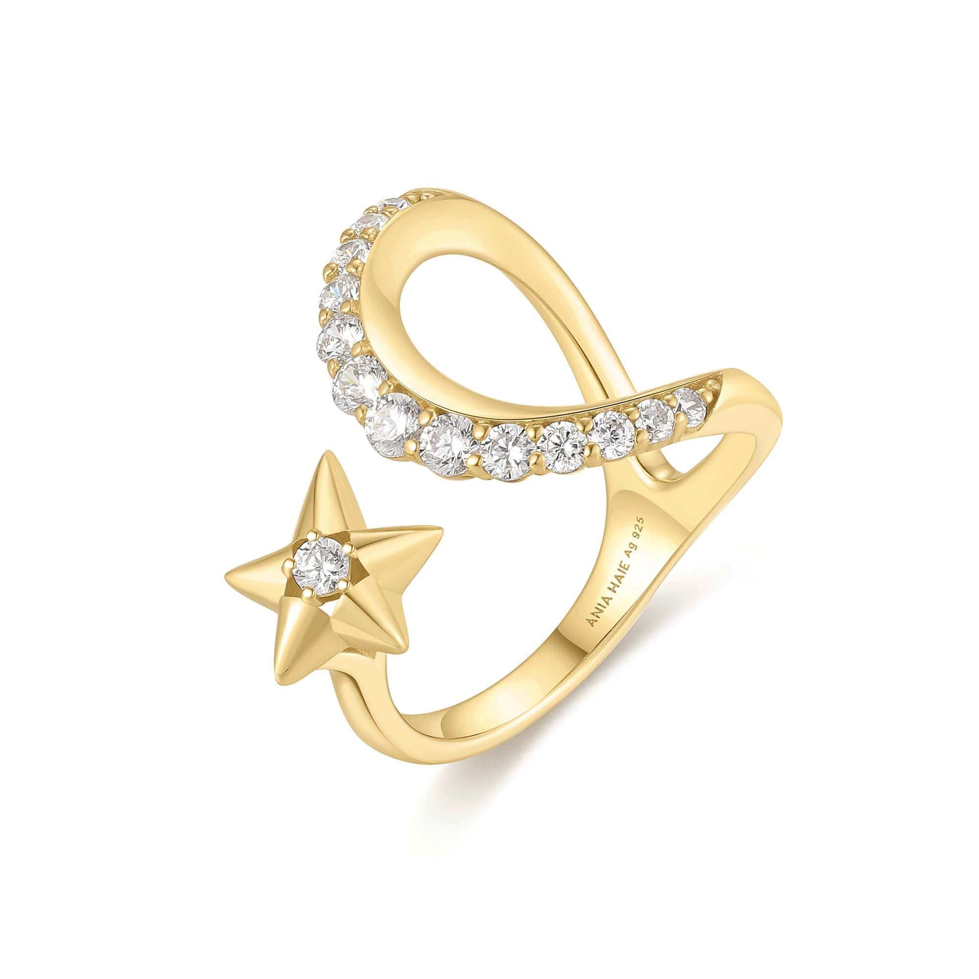 Gold Sparkling Moon and Star Adjustable Ring