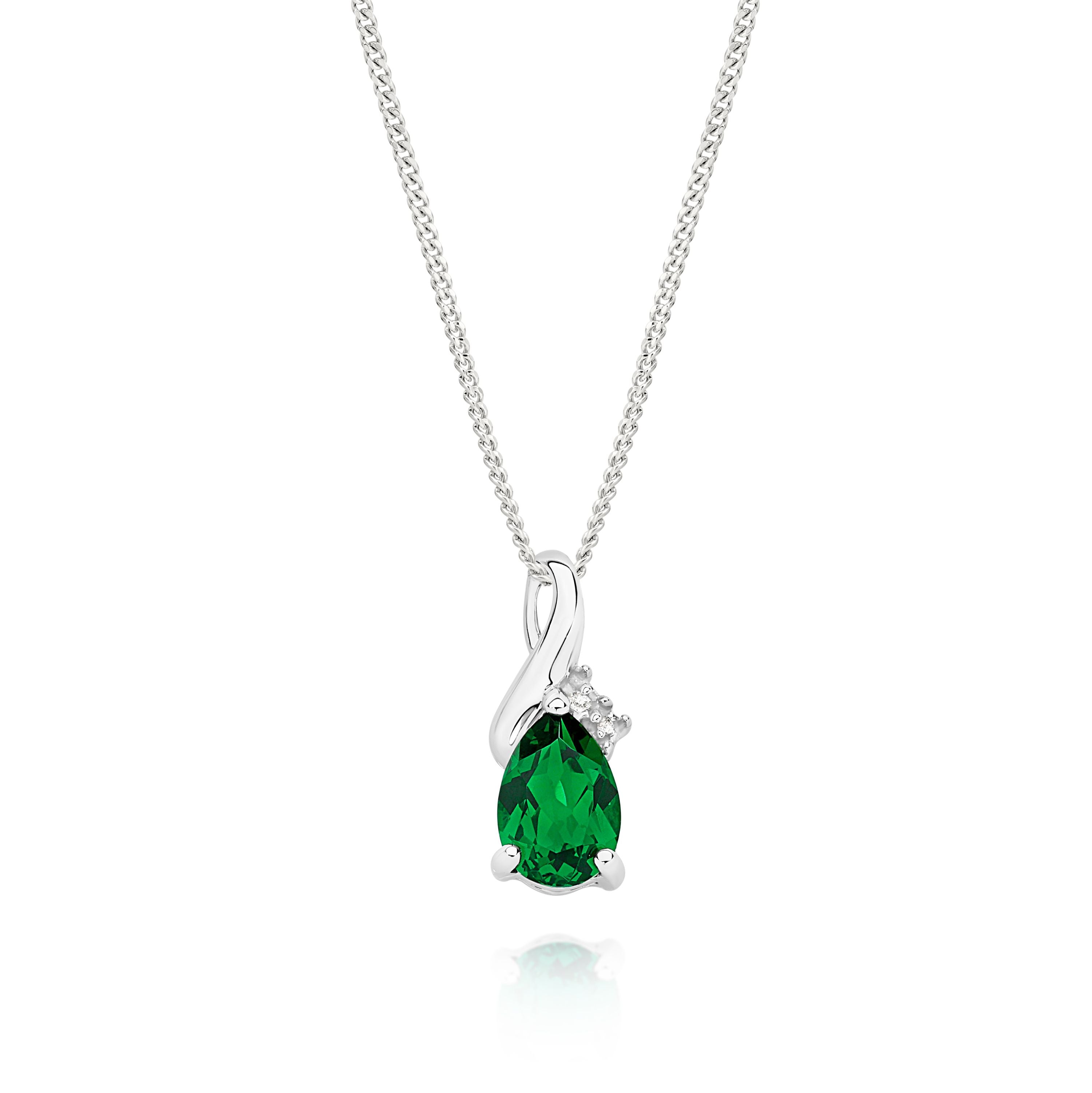Silver Created Emerald and Diamond Pendant