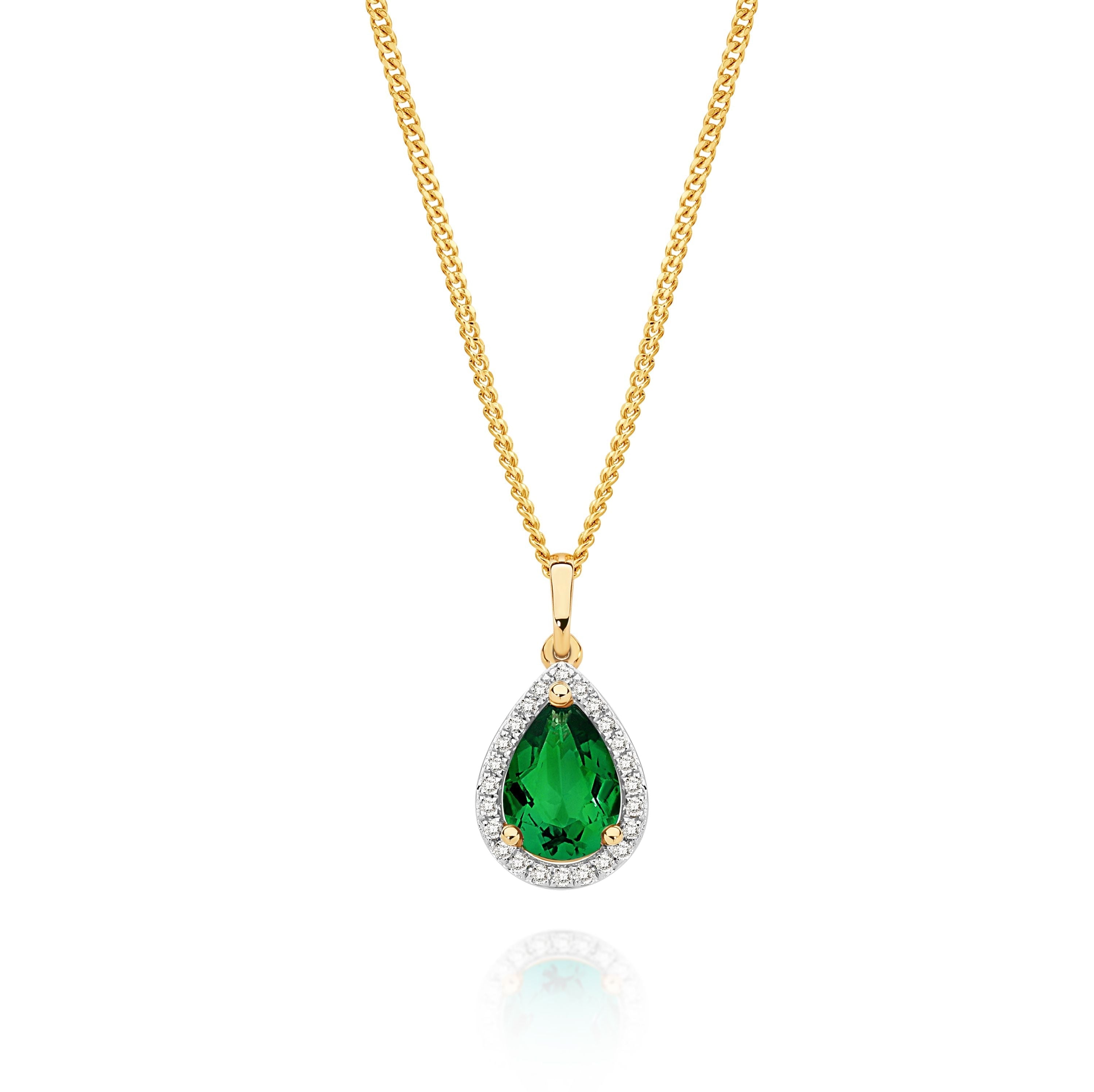 9ct Yellow Gold Created Emerald and Diamond Halo Pendant