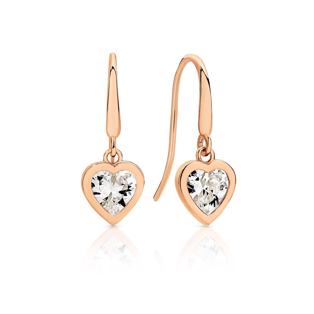 9ct rose gold bezel heart cubic zirconia earrings