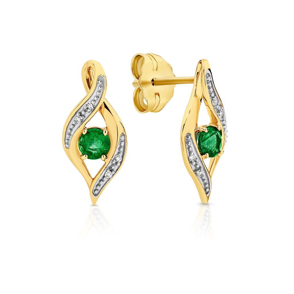 9ct gold natural emerald and diamond flame earrings