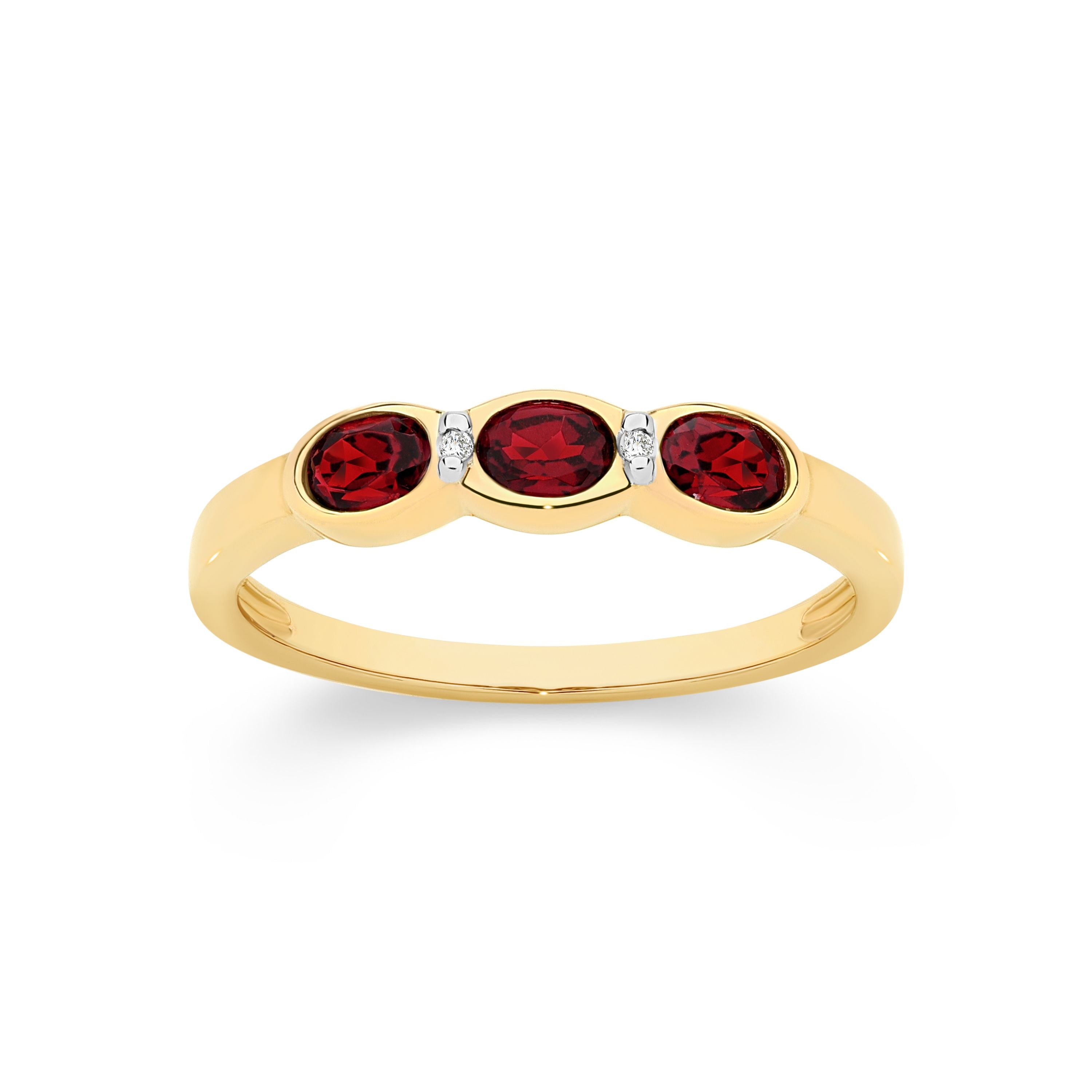 9ct Yellow Gold Garnet Trilogy Ring with Diamond Accents