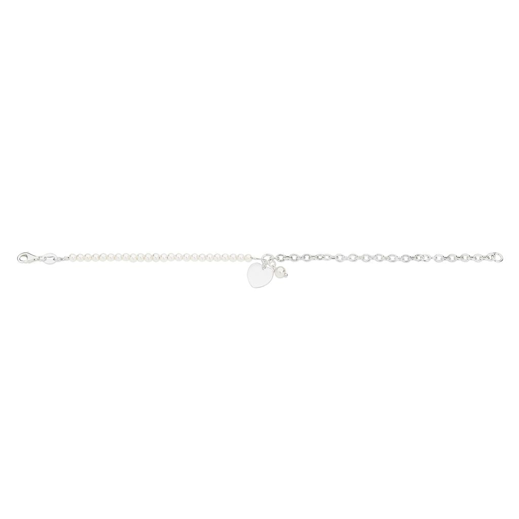 Silver cable link and freshwater pearl bracelet with engravable heart disc