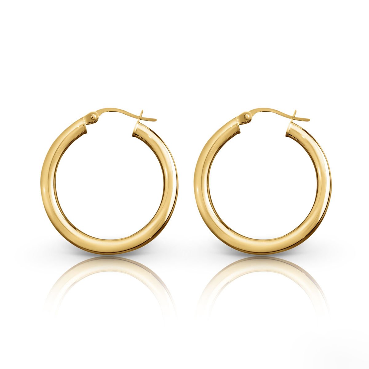 9ct Yellow Gold 25mm Plain 3mm Round Tube Hoop Earrings