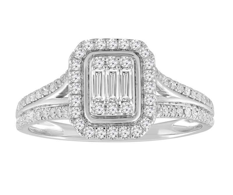 9ct White Gold Emerald Shaped Halo Diamond Ring TDW 77=0.50ct Round+Bag