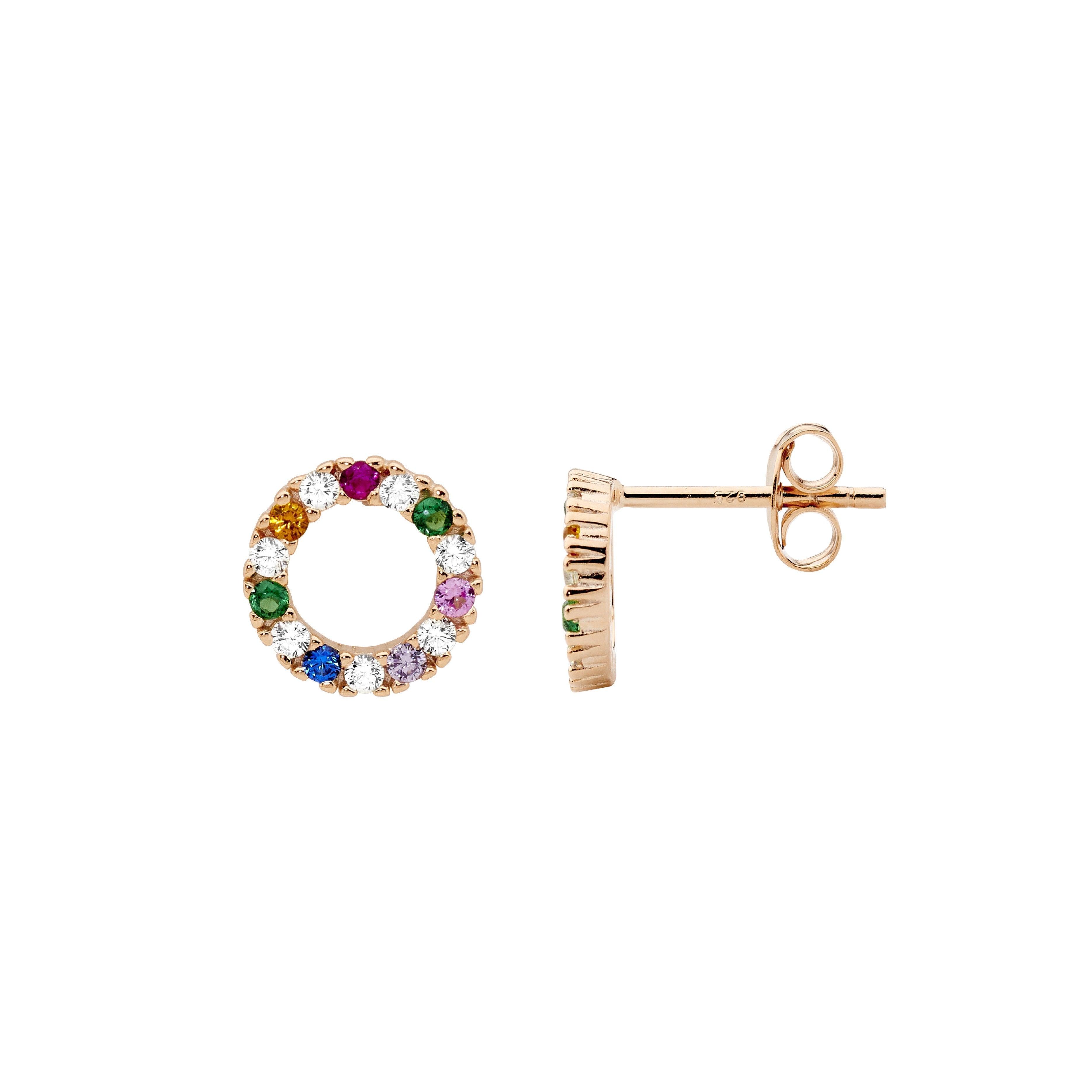 Sterling Silver & Multi Colour Cubic Zirconia 9mm Open Circle Earrings With Rose Gold Plating