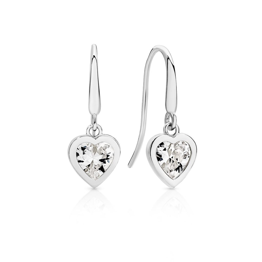 9ct white gold bezel heart cubic zirconia earrings