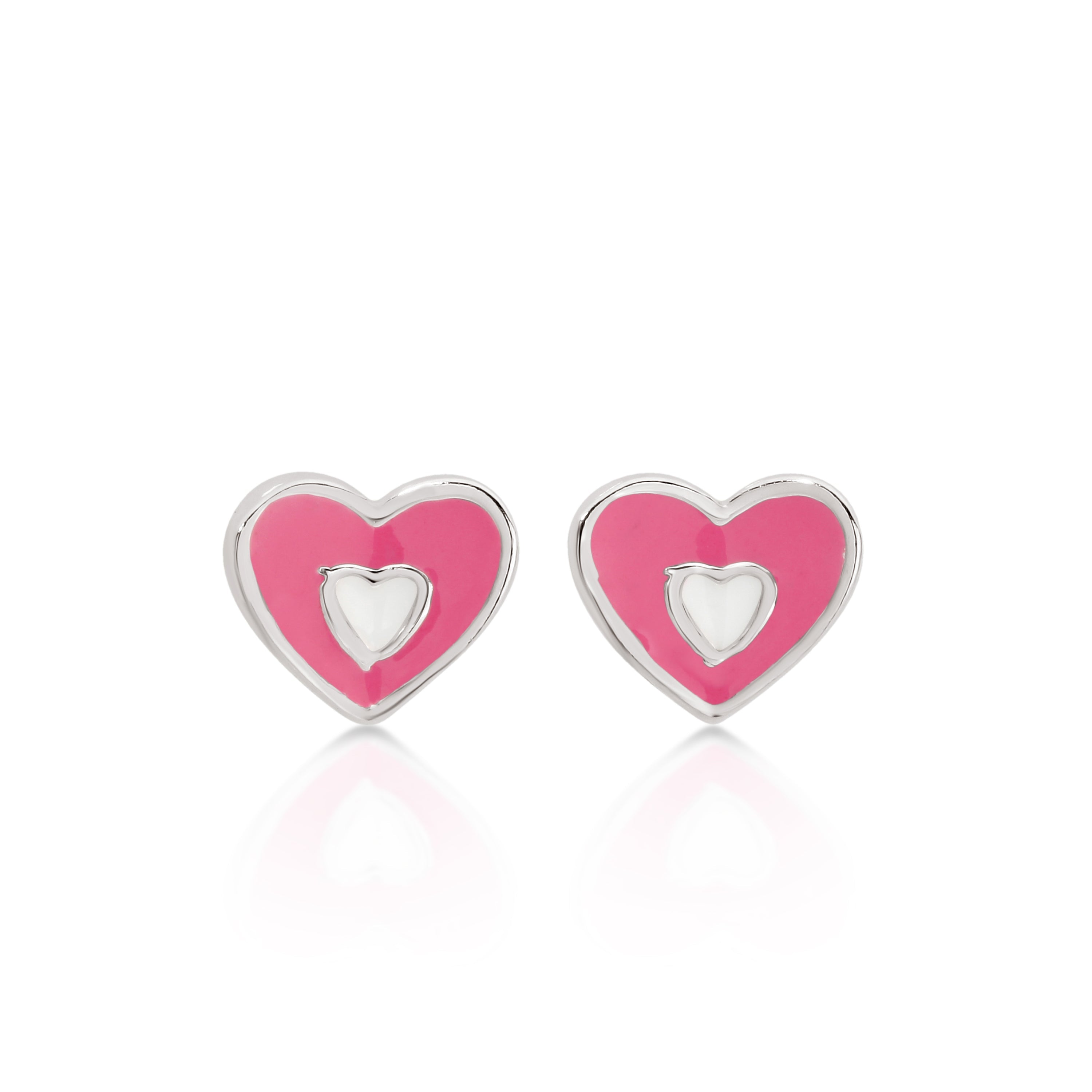 Silver pink & white heart studs