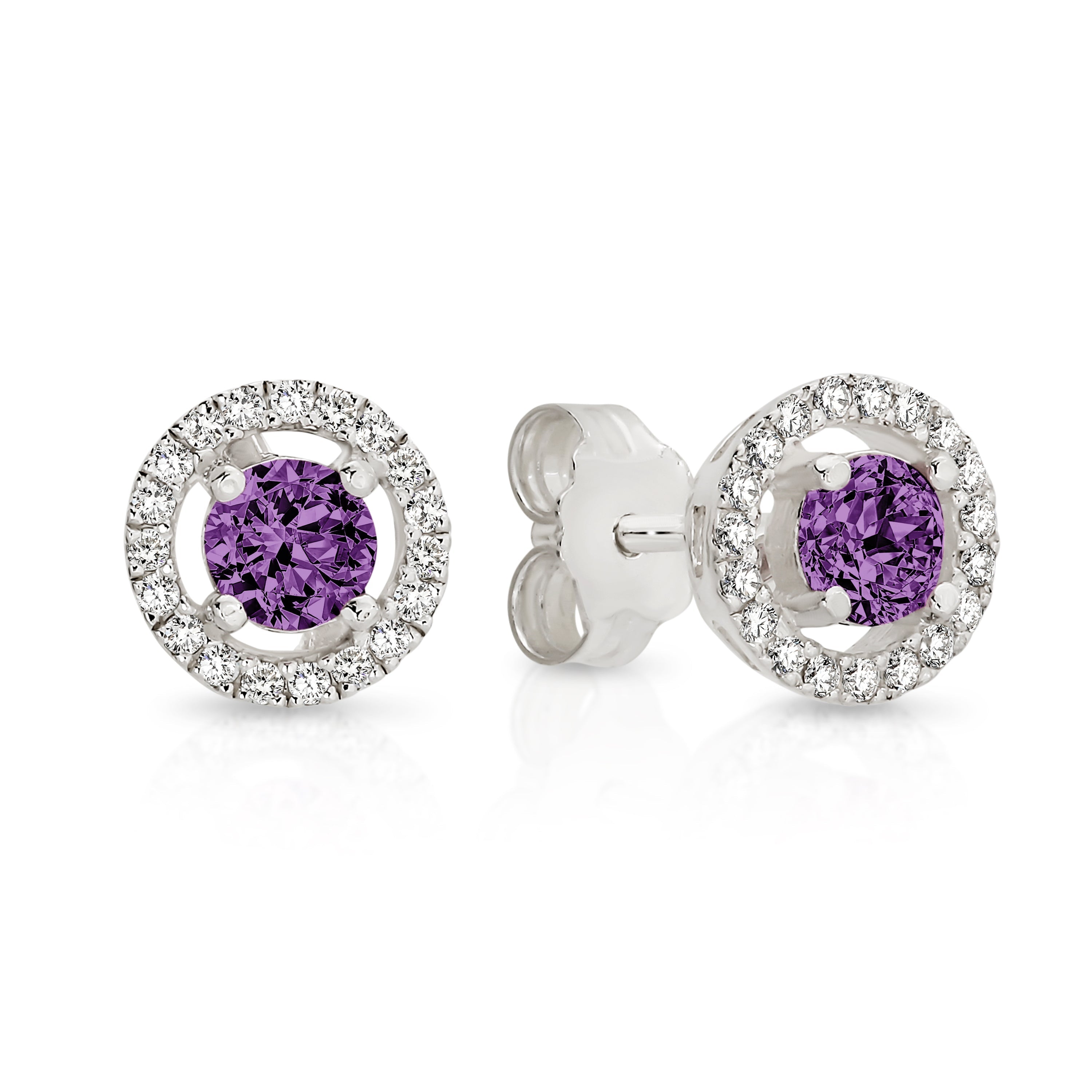 Silver purple cubic zirconia halo studs
