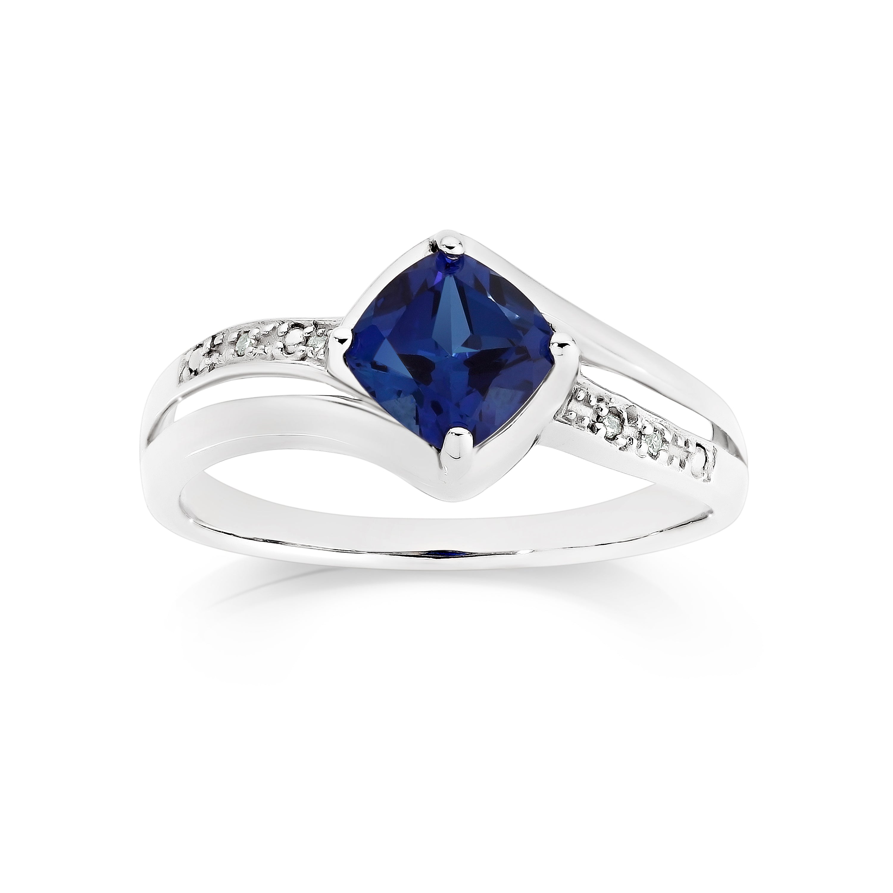 Silver created sapphire & diamond ring