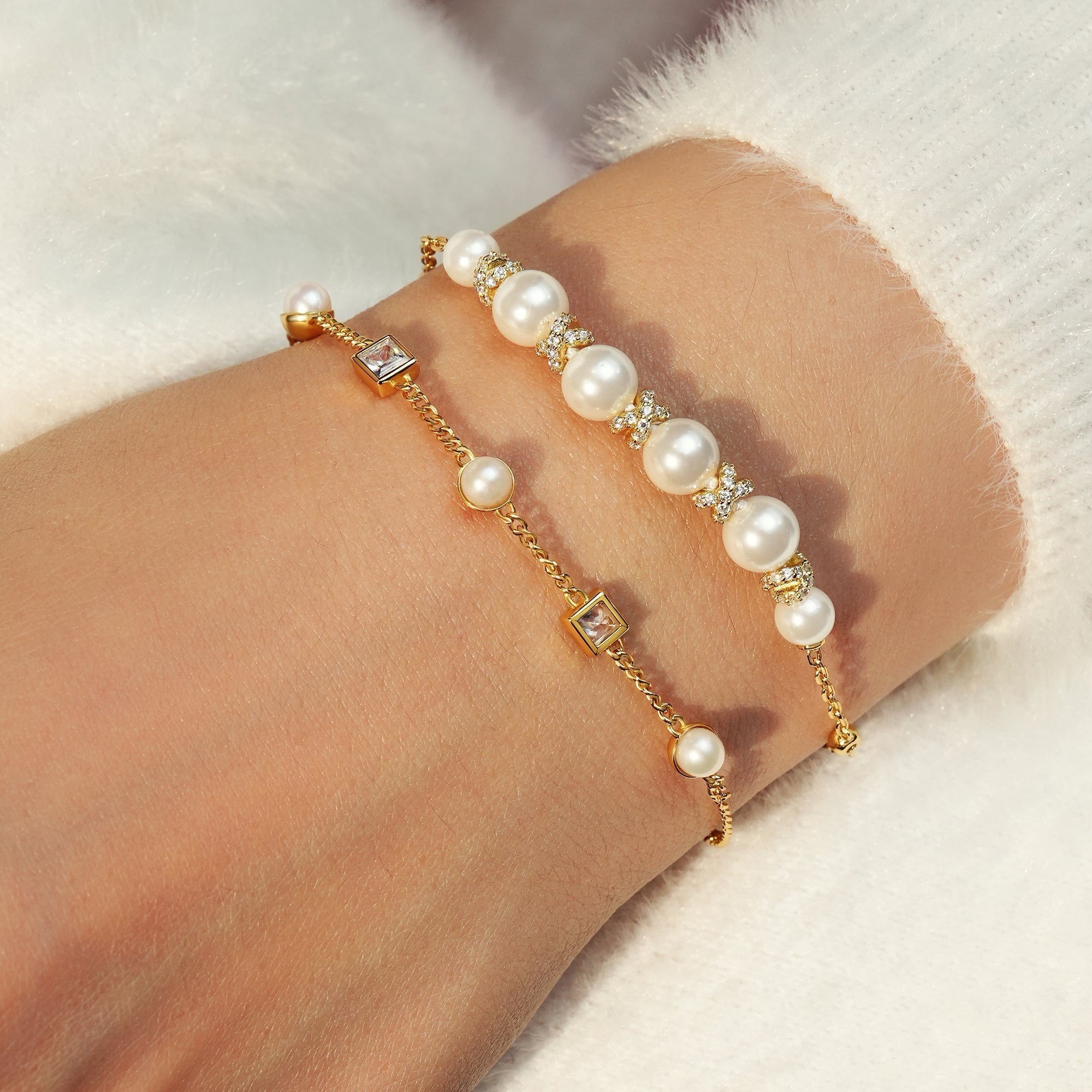 Ania Haie Gold Bezel-Set Cube and Pearl Station Bracelet