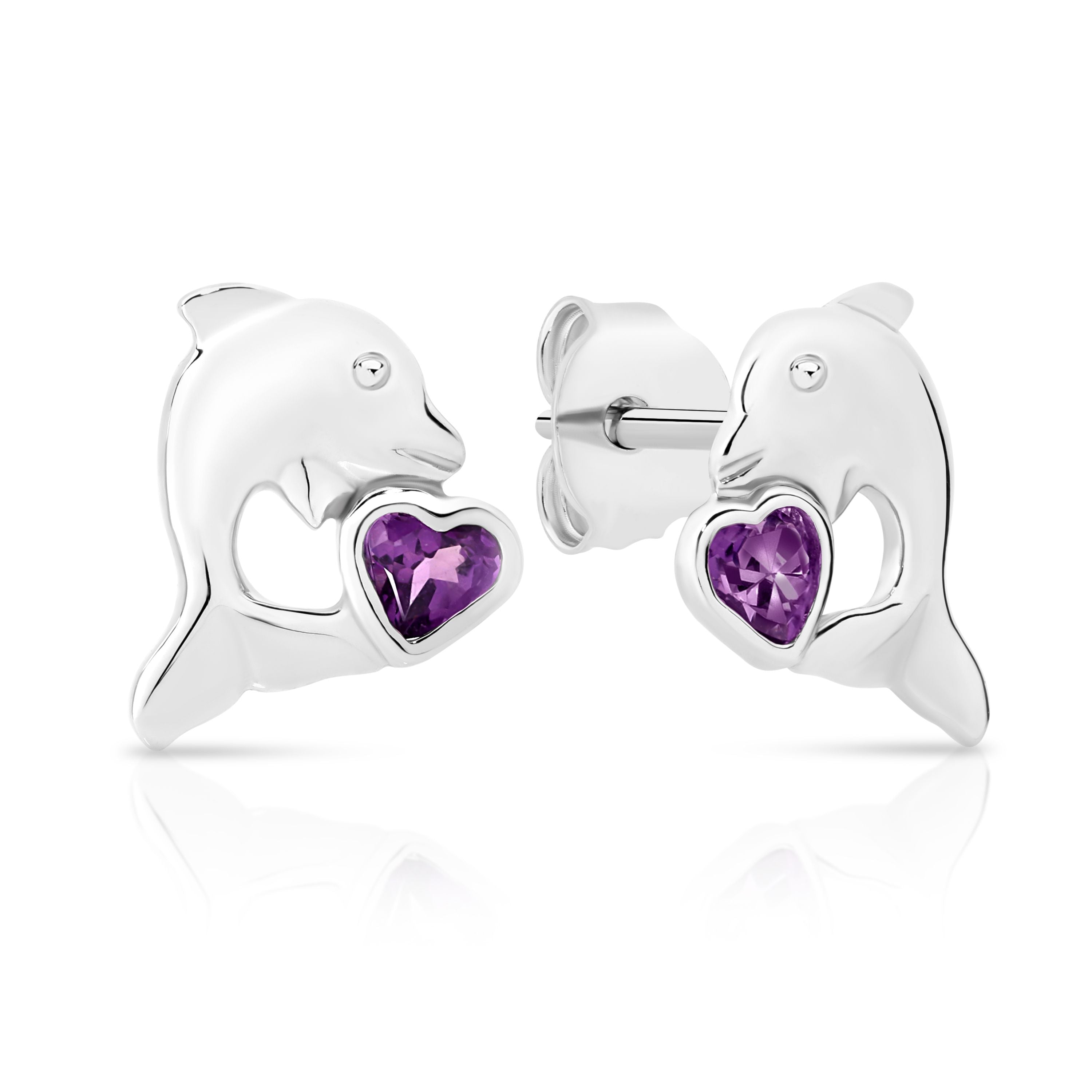 Silver Amethyst Heart and Dolphin Studs