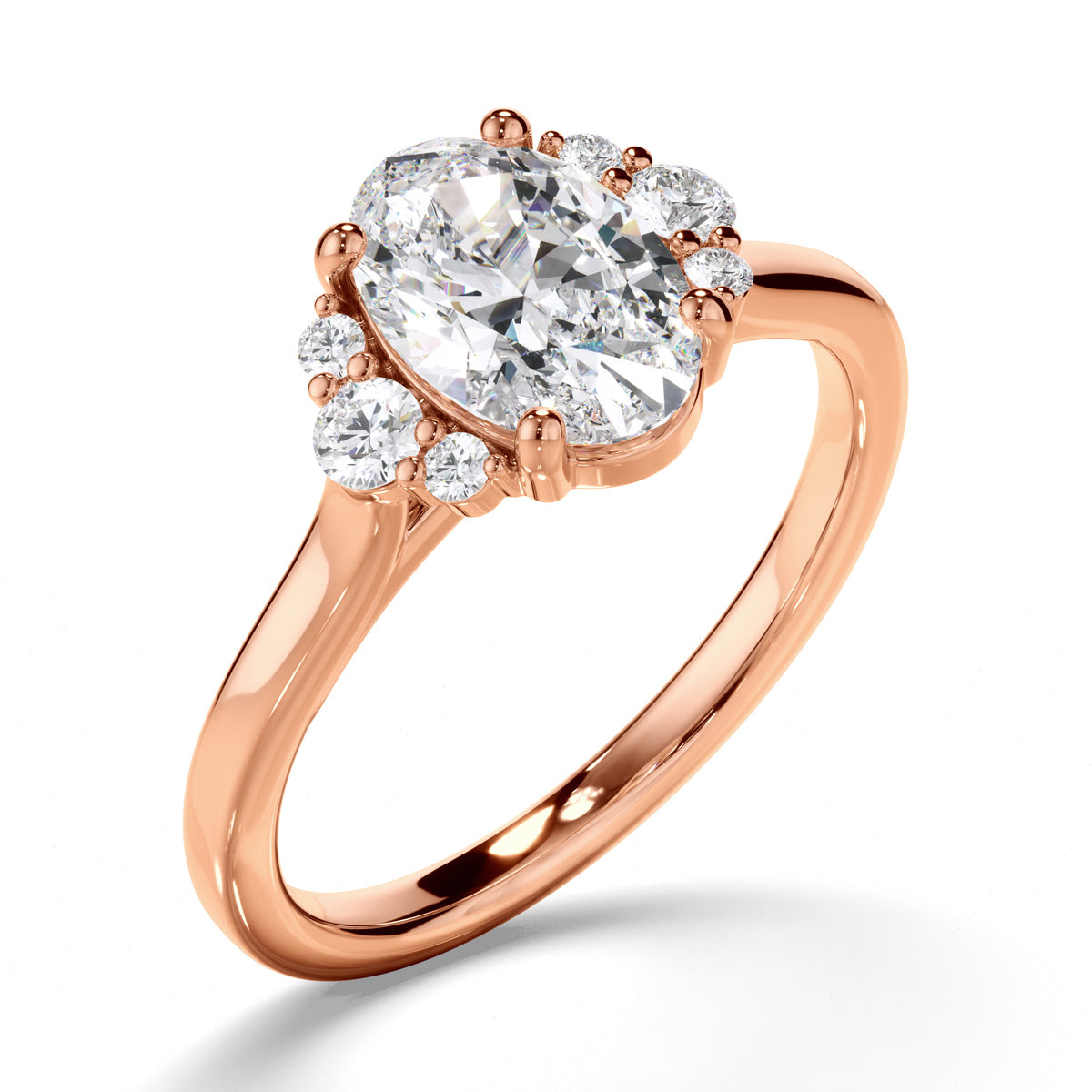 Oval Cut Diamond Engagement Ring with Diamond Cluster Sides