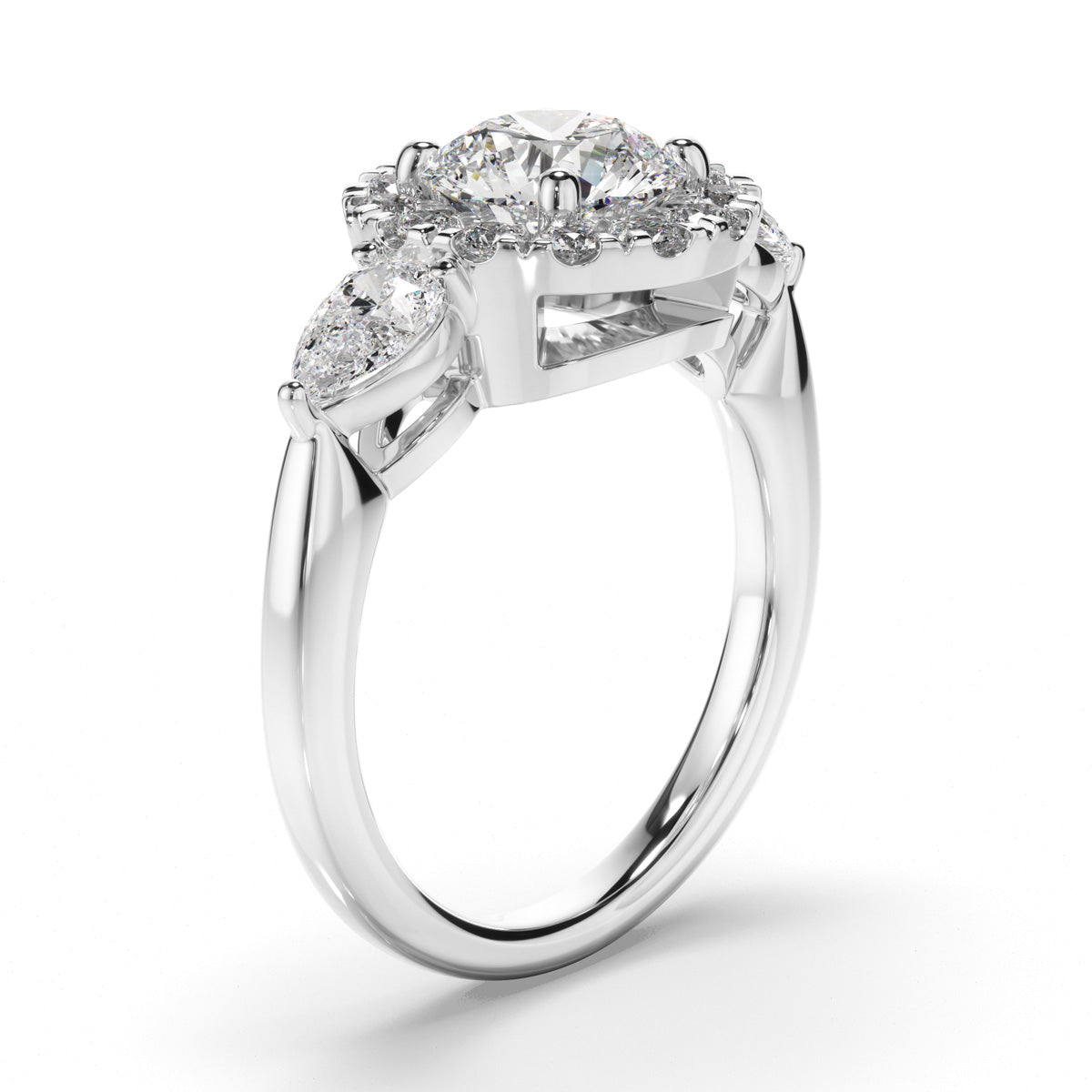 Round Brilliant Cut Diamond Halo Trilogy Engagement Ring with Pear Sides