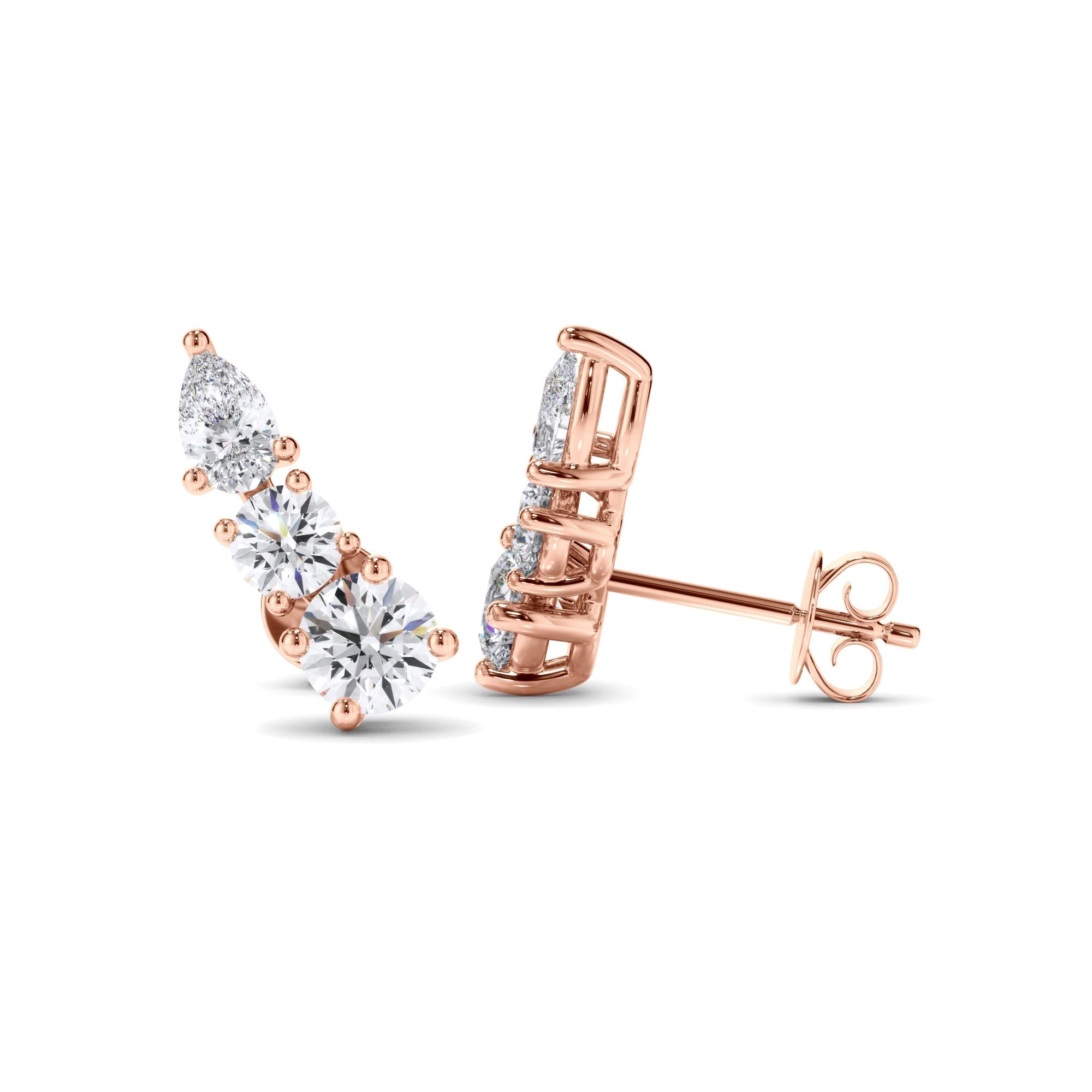 Round Brilliant & Pear Cut 3-Stone Stud Earrings