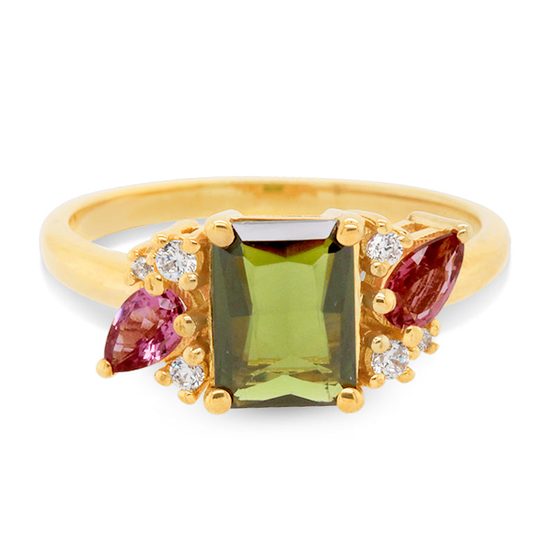 9ct Yellow Gold Emerald Cut Green Tourmaline, Pink Tourmaline & Diamond Ring