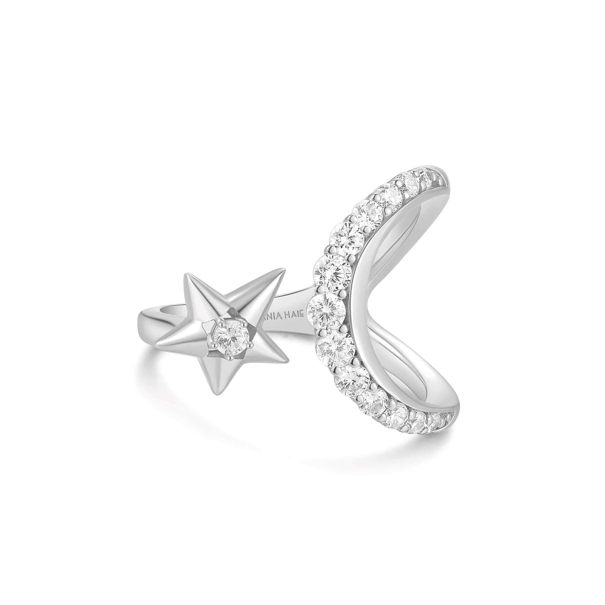 Silver Sparkling Moon and Star Adjustable Ring