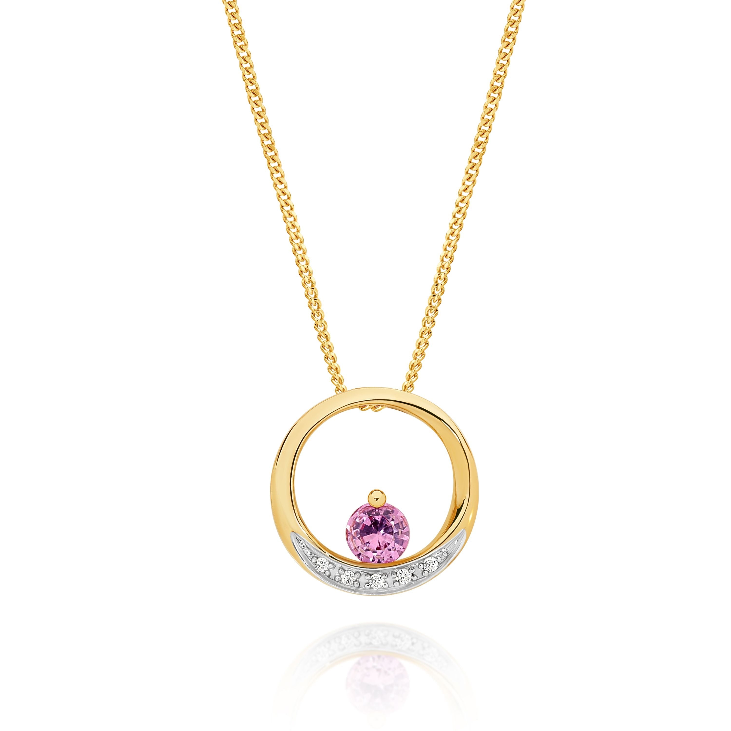 9ct Yellow Gold Created Pink Sapphire and Diamond Circle Pendant