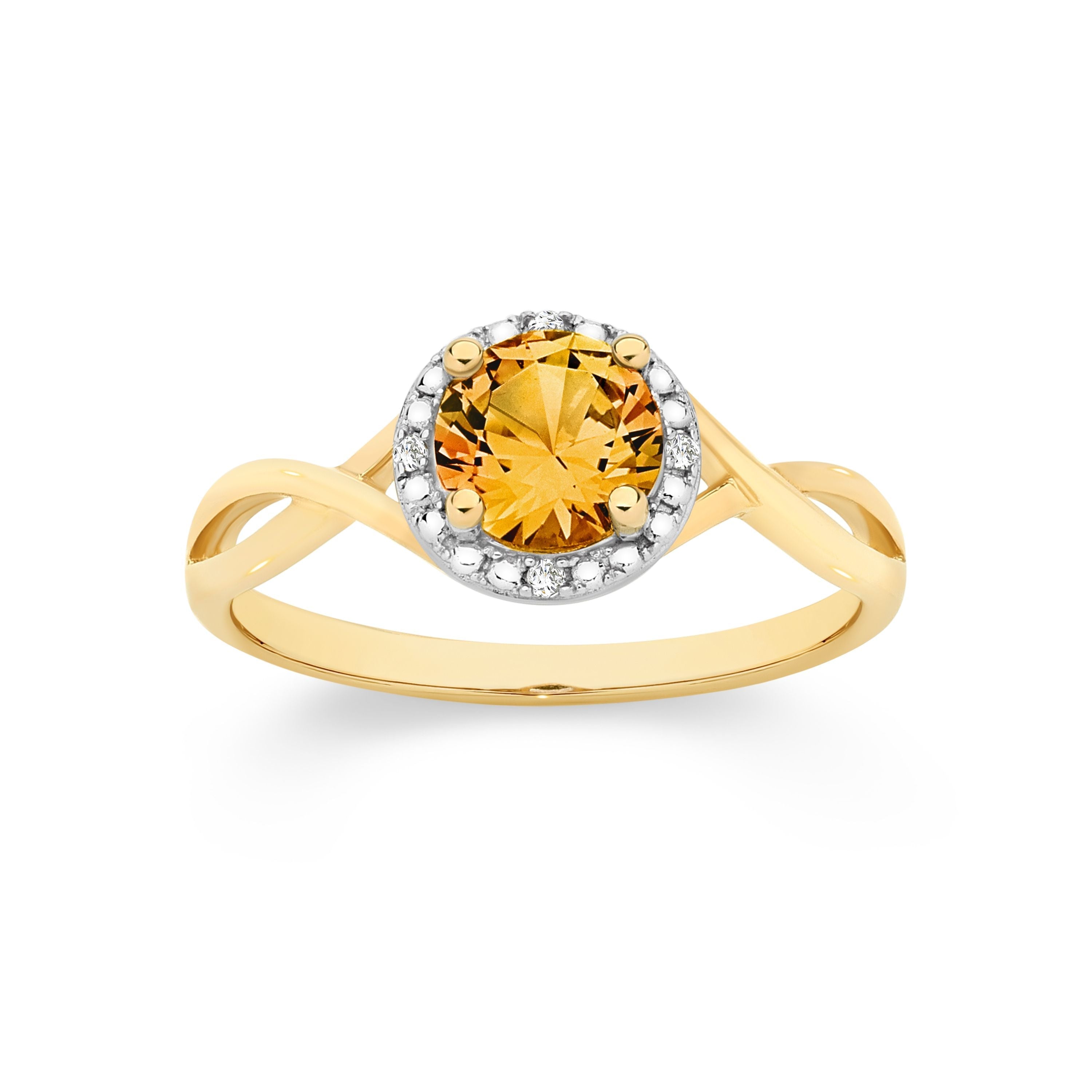 9ct Yellow Gold Round Citrine Ring with Diamond Halo
