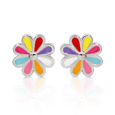 Sterling Silver Multicolour Enamel Flower Stud Earrings