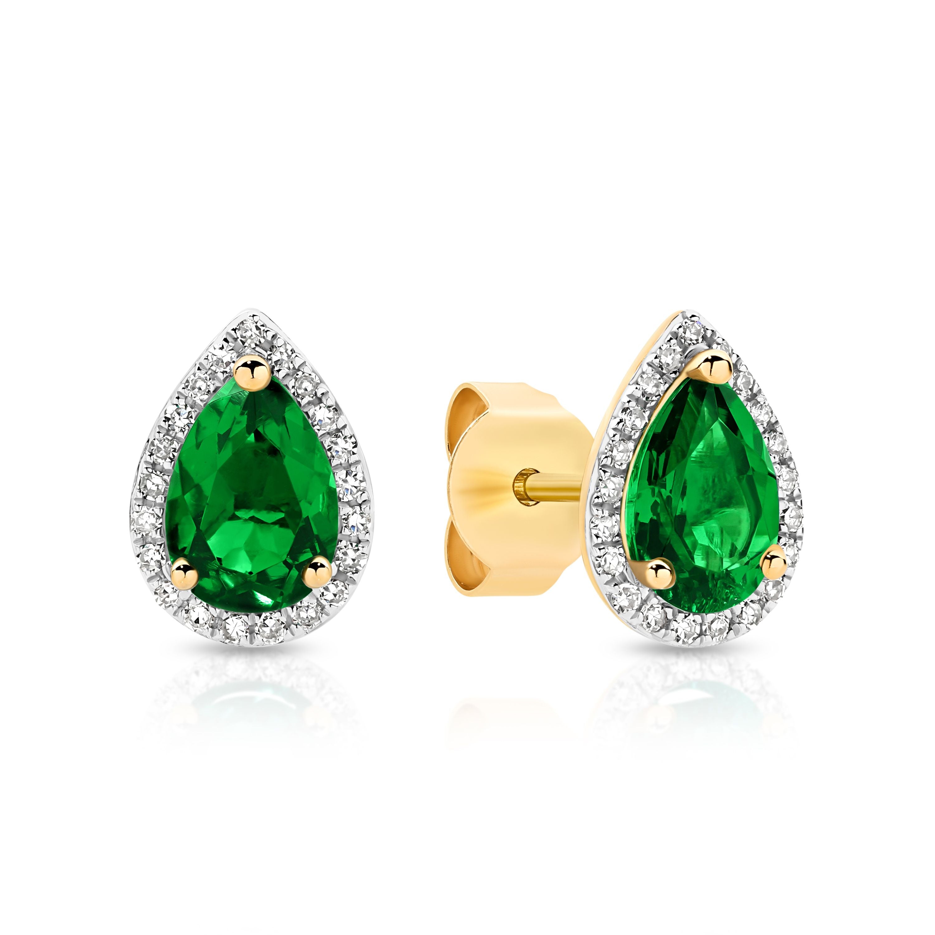 9ct Yellow Gold Created Emerald and Diamond Studs