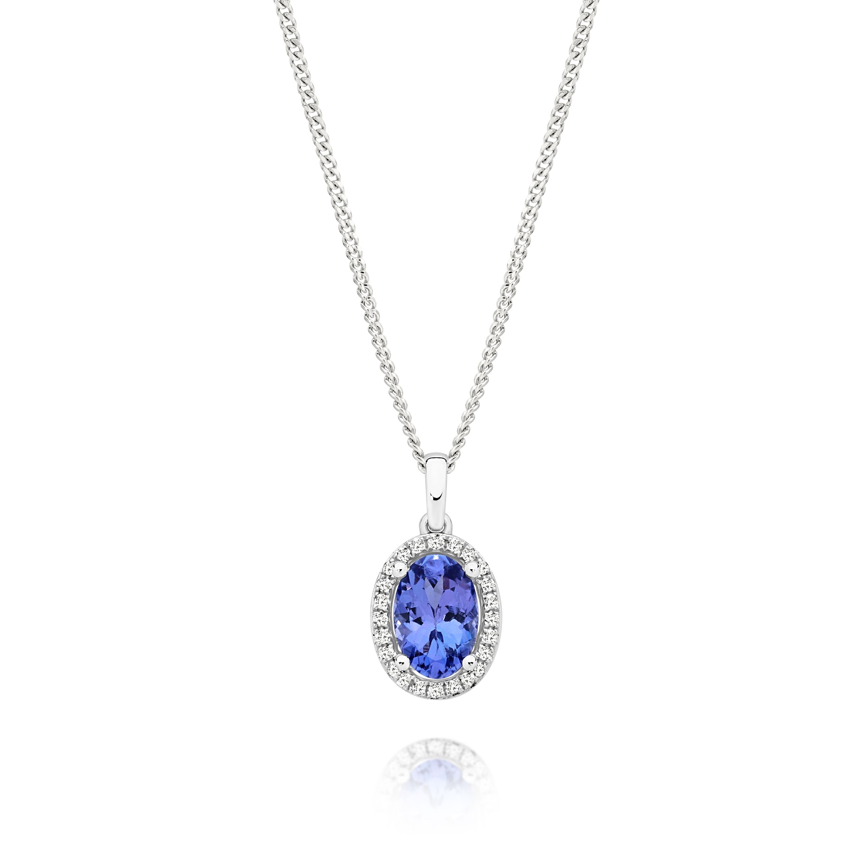 9ct White Gold Tazanite and Diamond Halo Pendant
